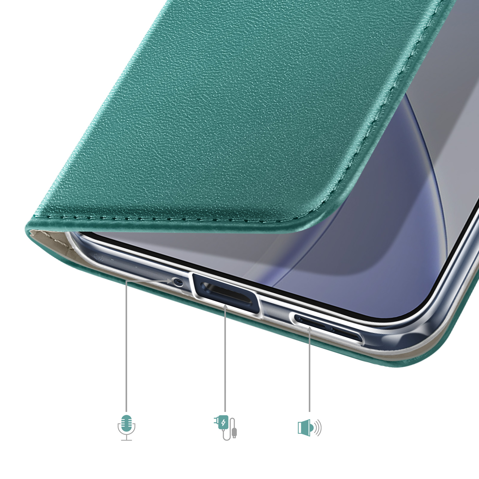 Groene telefoonhoes met poorten voor microfoon, opladen en luidspreker.