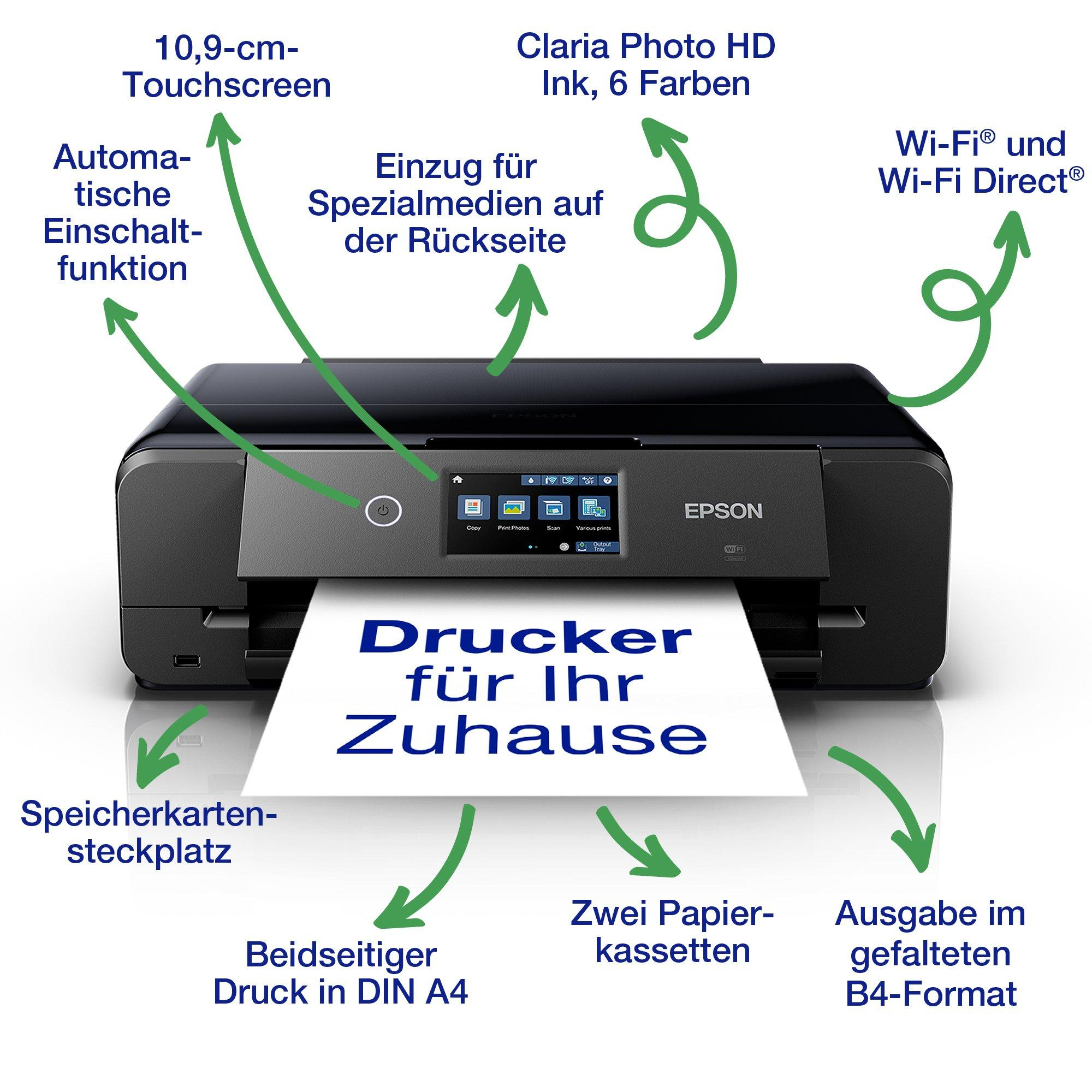 Schwarzer Epson Drucker mit Touchscreen, beschrifteten Funktionen und Papierausgabe.