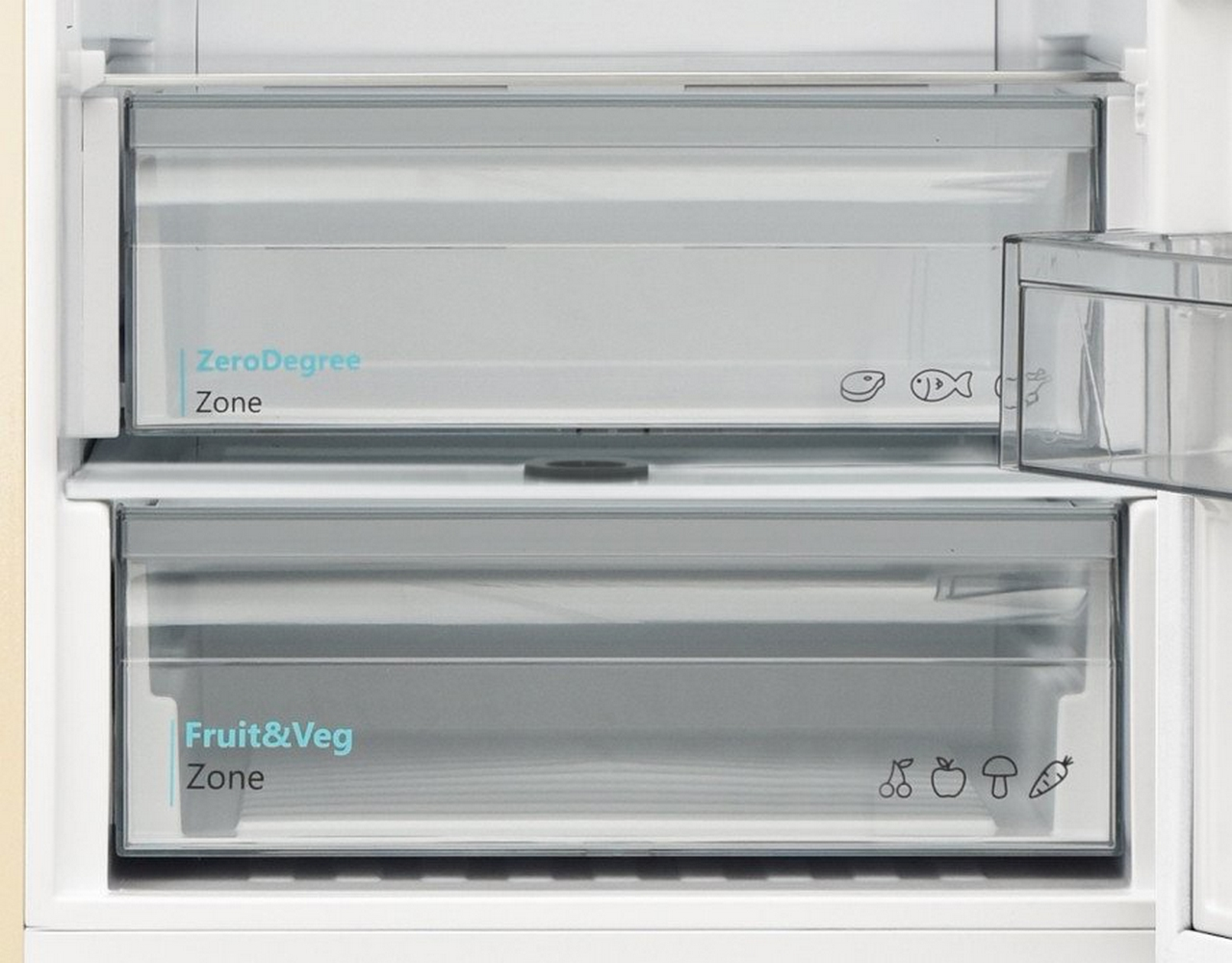 Cassetti frigorifero: Zona Zero Gradi con icone pesce, Zona Frutta e Verdura con icone frutta.