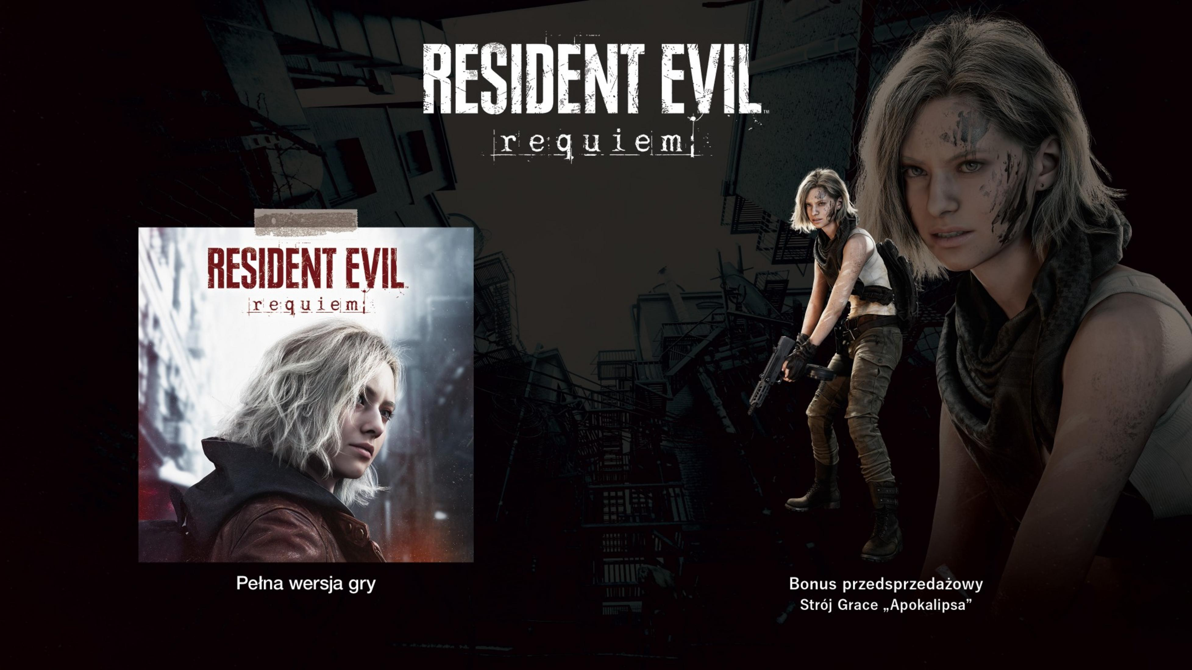 Copertina e personaggi di Resident Evil: Requiem su sfondo distrutto.