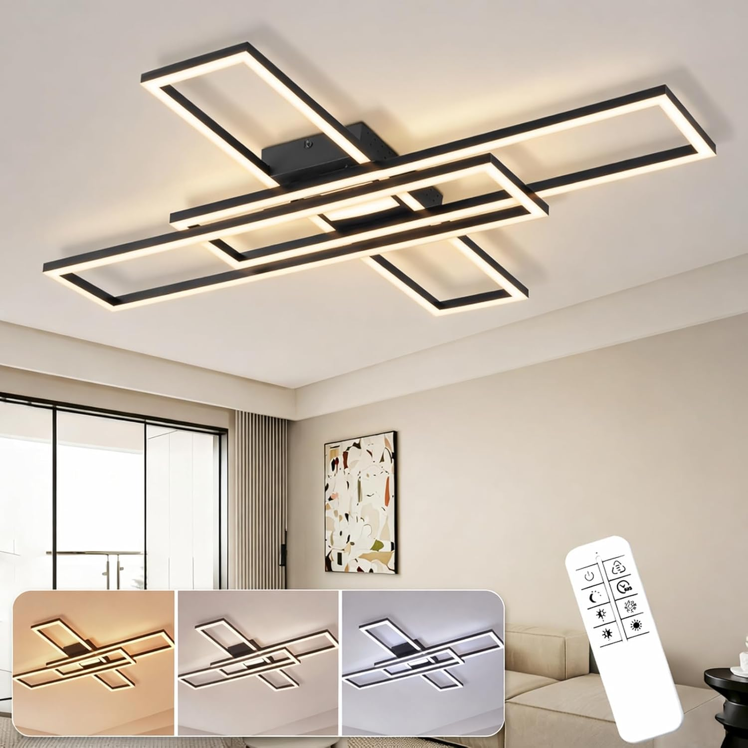 Lámpara de techo moderna con marco rectangular negro e iluminación LED.