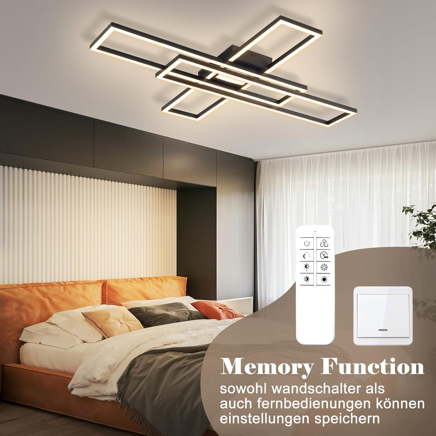Dormitorio moderno con lámpara de techo elegante, cama y mando a distancia.