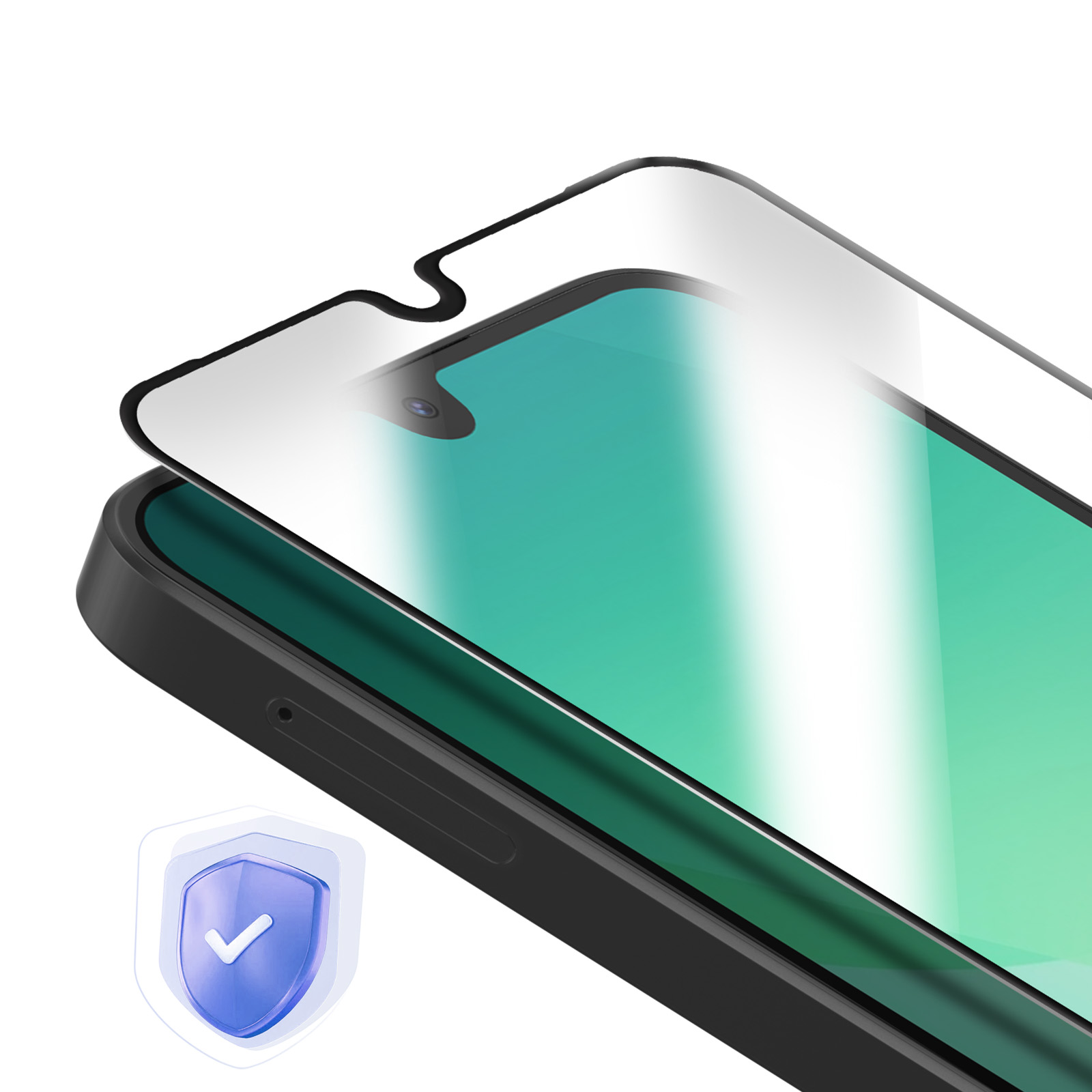 Un protector de pantalla de smartphone yace sobre la pantalla. Se ve un icono de escudo azul.