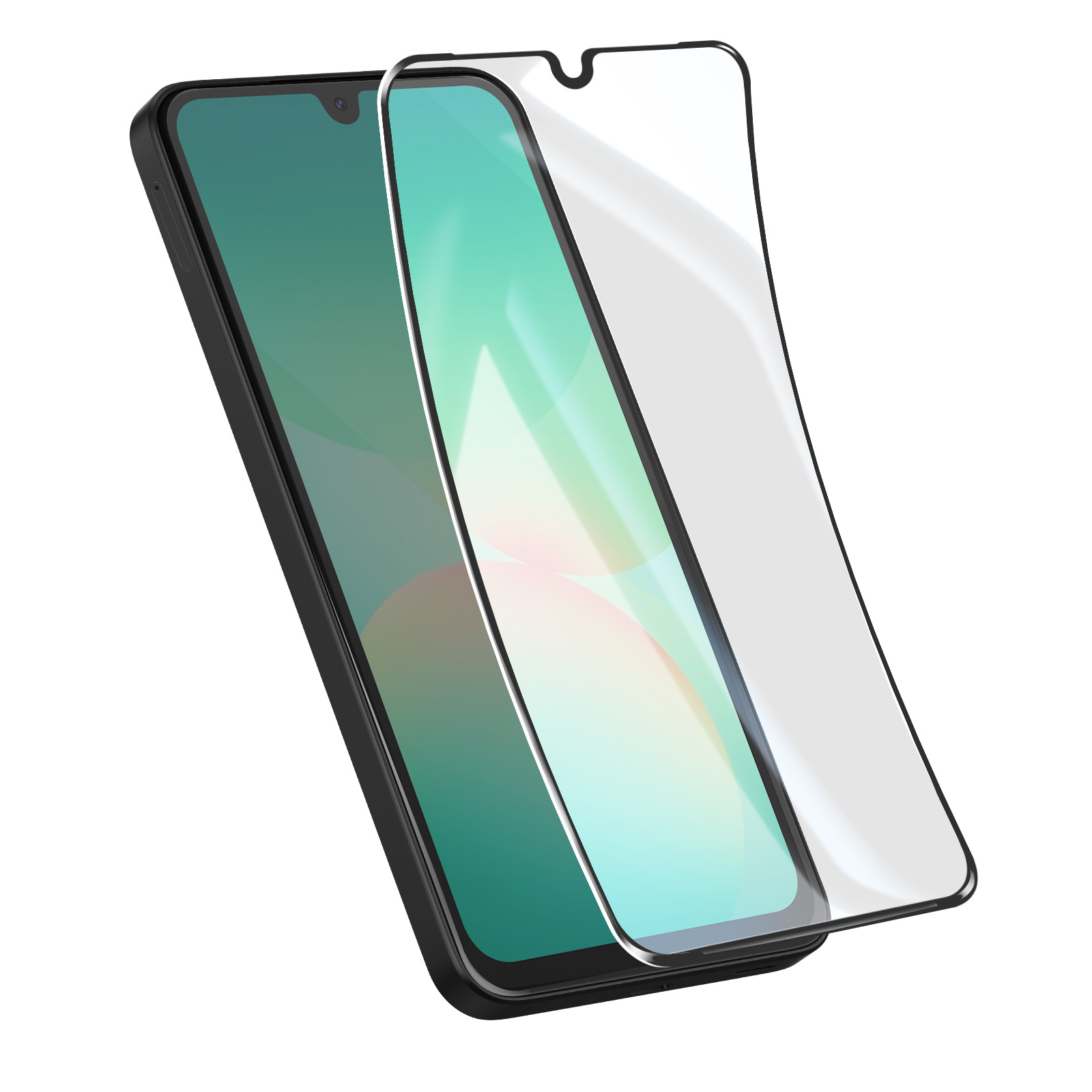 Un smartphone negro con protector de pantalla de cristal, ligeramente inclinado.