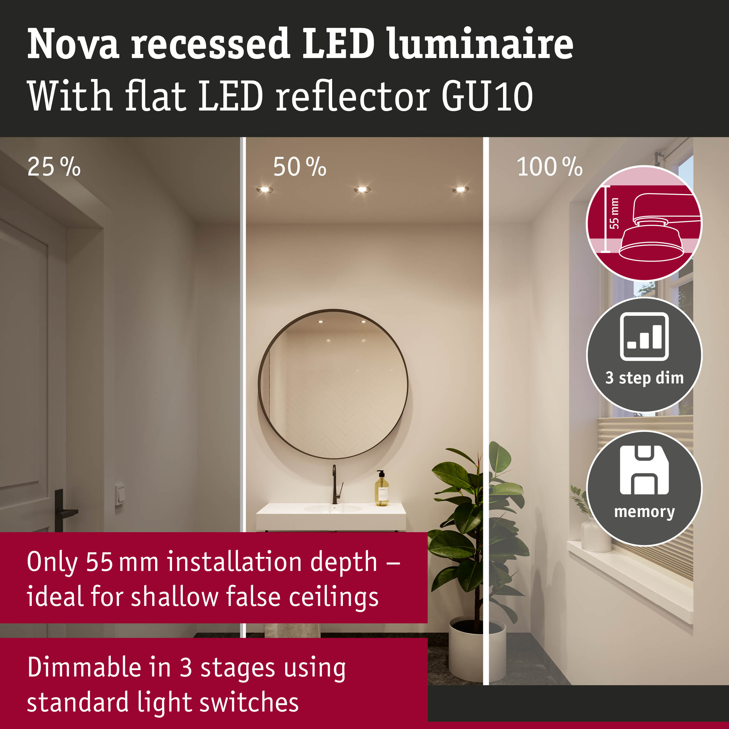 Oprawa sufitowa LED Nova z płaskim odbłyśnikiem GU10, głębokość 55mm.