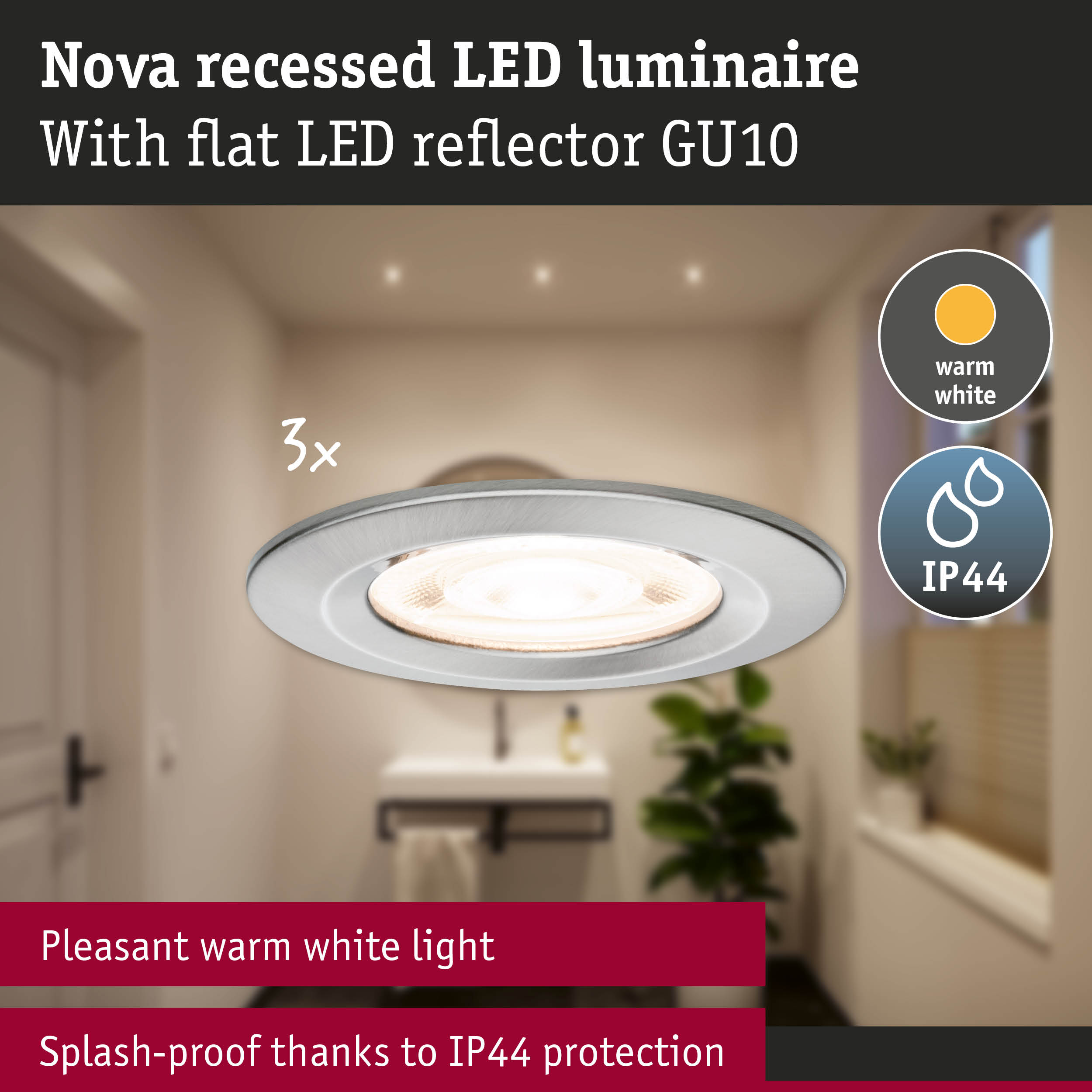 Nowoczesna lampa sufitowa LED, płaski reflektor GU10, ciepła biel, IP44.