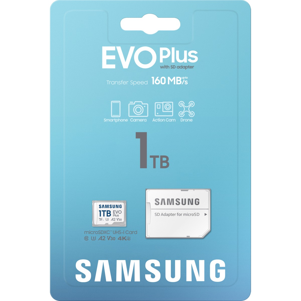 Samsung EVO Plus 1TB microSD kart, SD adaptörlü, 160 MB/s'ye kadar hız.