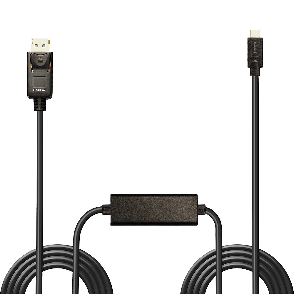 Ein schwarzes DisplayPort-zu-USB-C-Kabel mit einem Adapter in der Mitte.