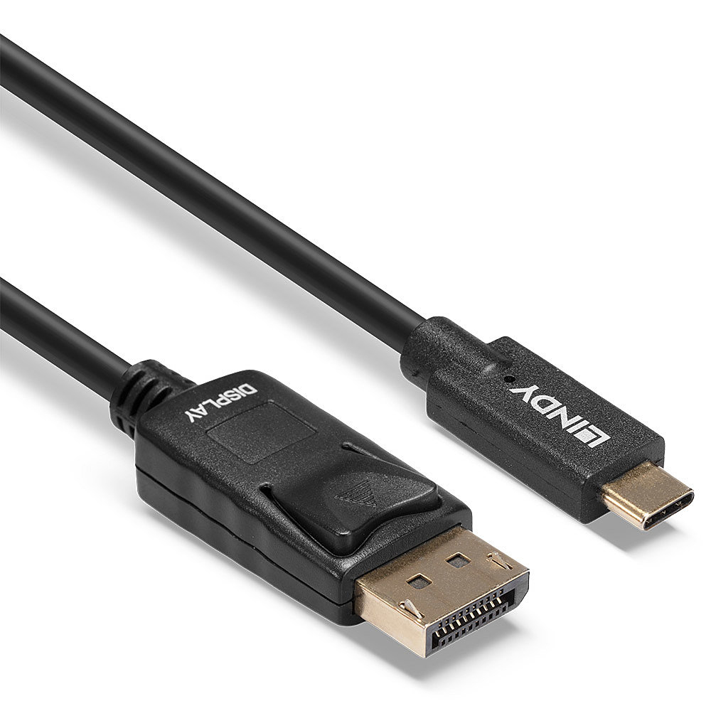 Schwarzes Kabel mit DisplayPort- und USB-C-Anschlüssen. Lindy-Logo sichtbar.