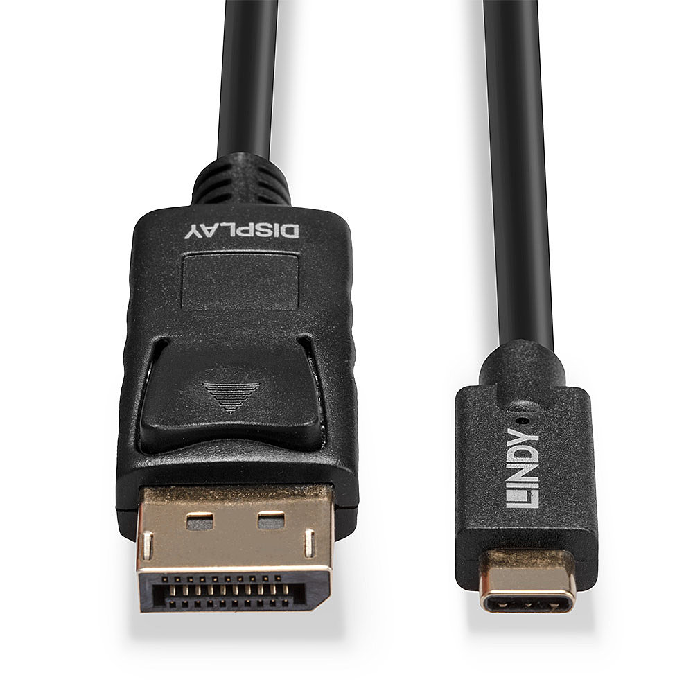 Schwarzes Kabel mit DisplayPort- und USB-C-Anschluss.