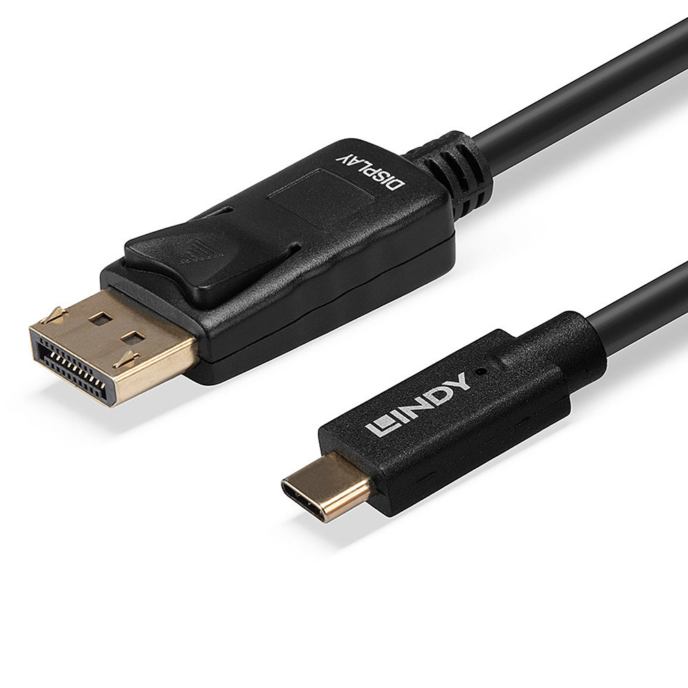 Ein schwarzes DisplayPort-zu-USB-C-Kabel mit goldenen Anschlüssen.
