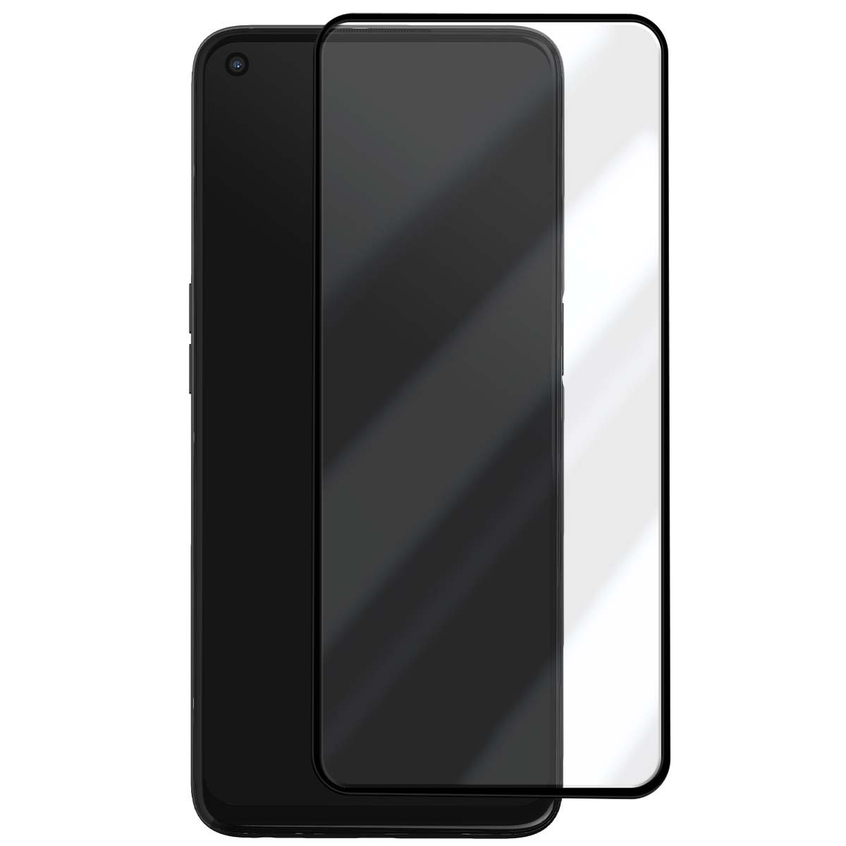 Een zwarte smartphone naast een schermprotector op een witte achtergrond.
