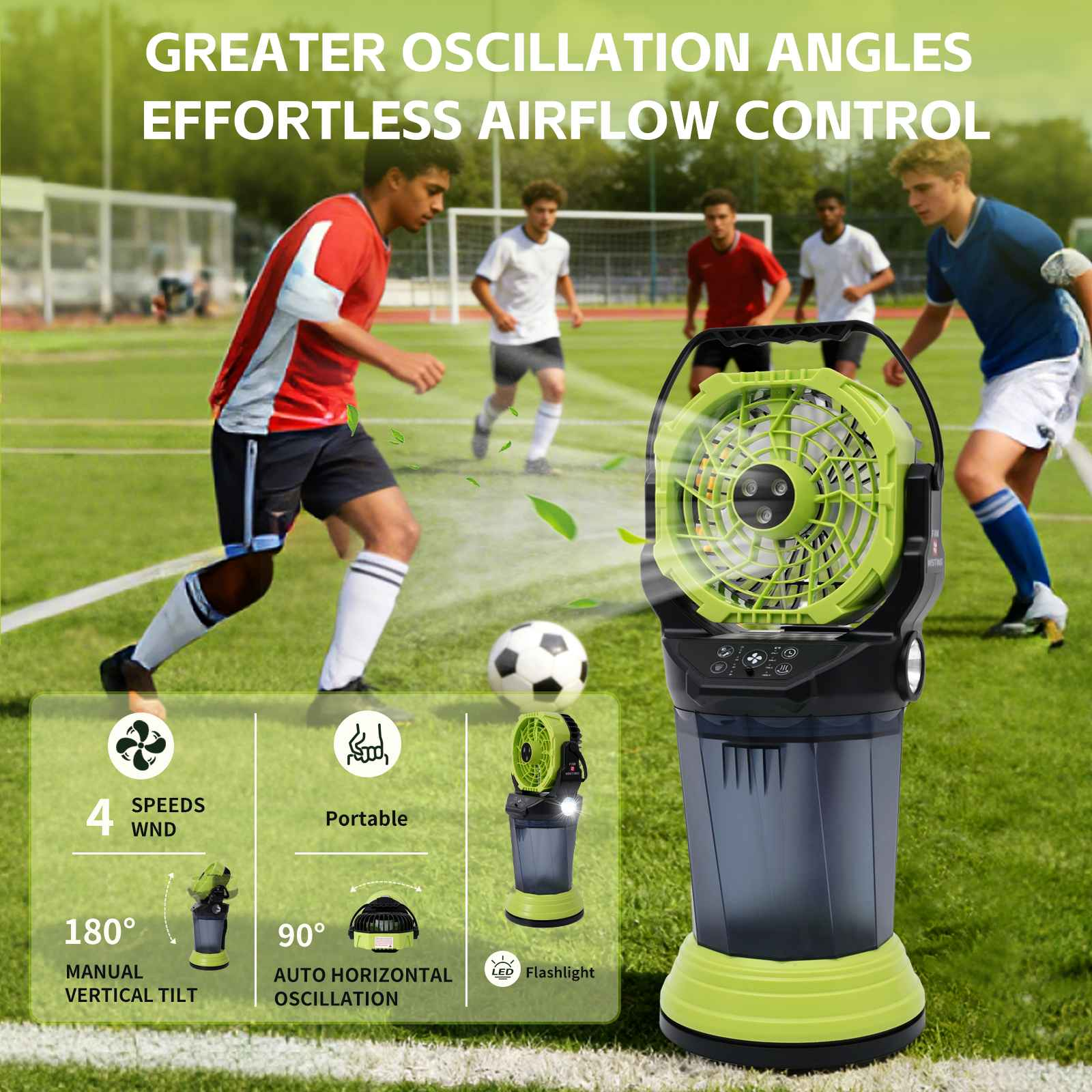 Ein tragbarer Ventilator mit vier Geschwindigkeiten steht auf einem Fußballfeld.