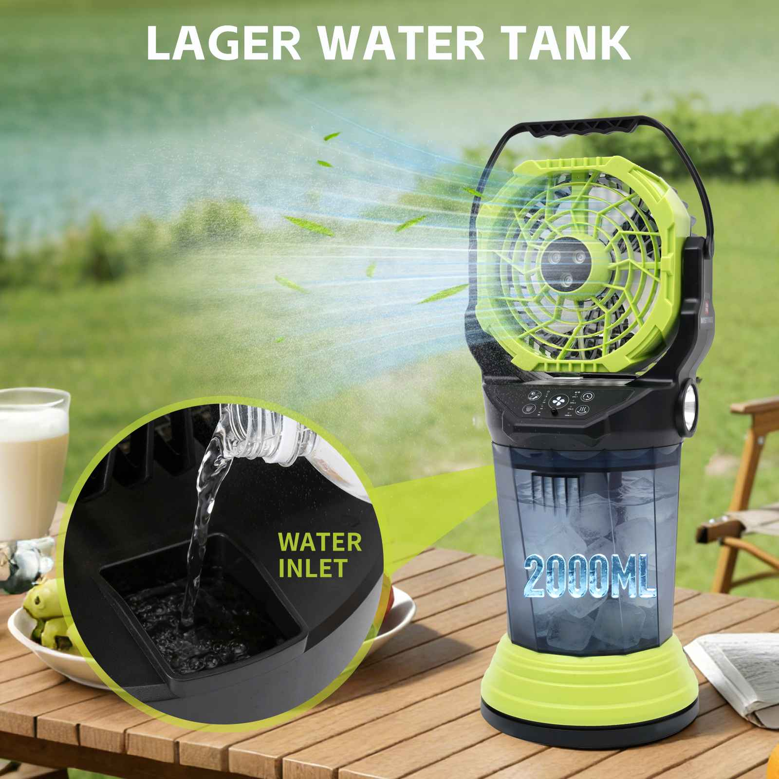 Ein tragbarer Ventilator mit Wassertank füllt sich mit Eis. Nebel sprüht.