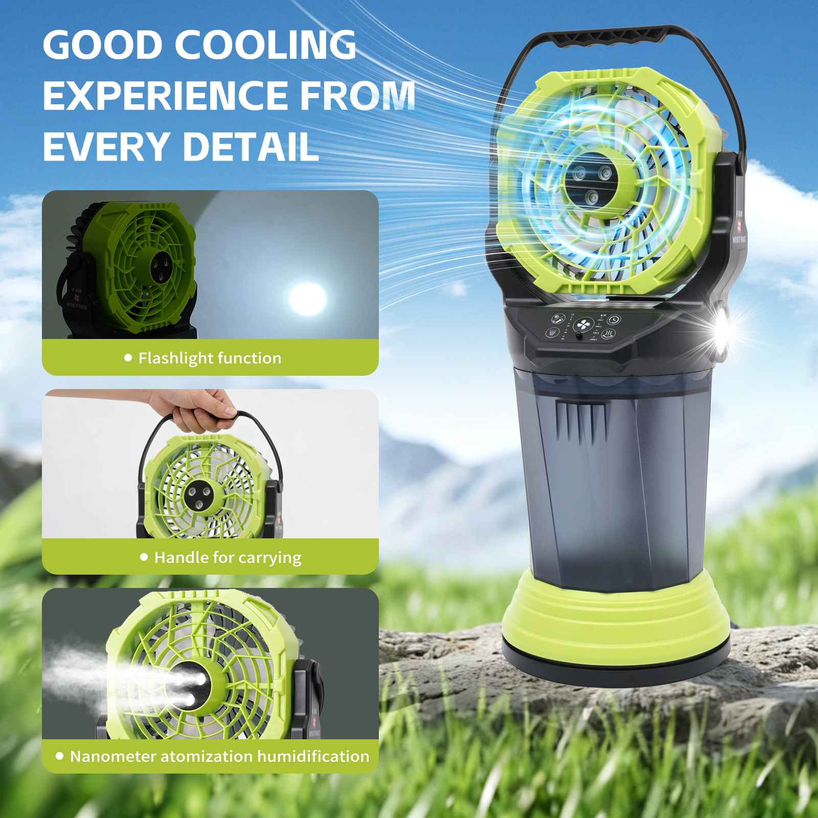 Tragbarer Lüfter mit Nebel-, Taschenlampen- und Tragegriff-Funktionen.
