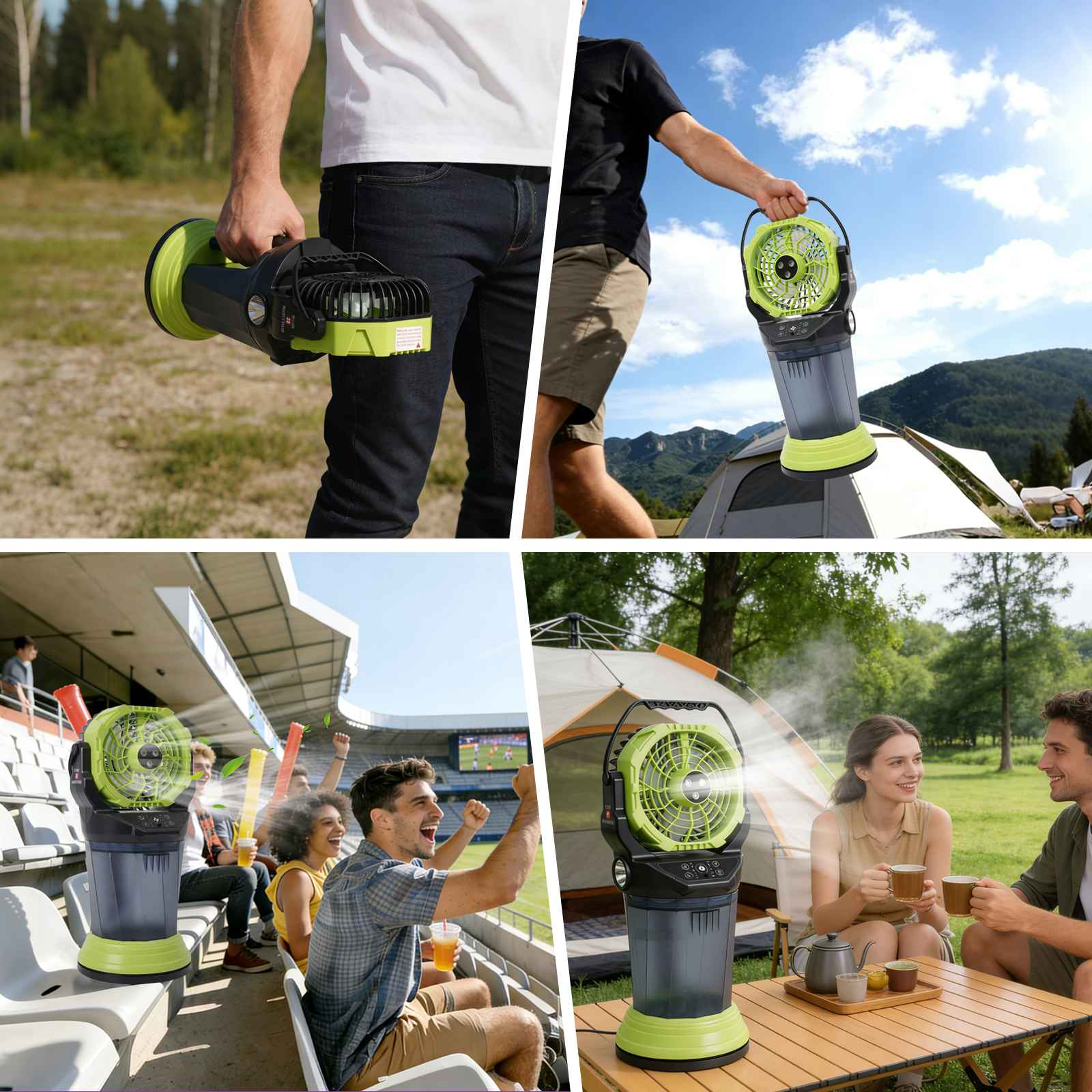 Vier Szenen mit einem tragbaren Lüfter: Mann hält ihn, Camping, Sportfans und Paar im Freien.
