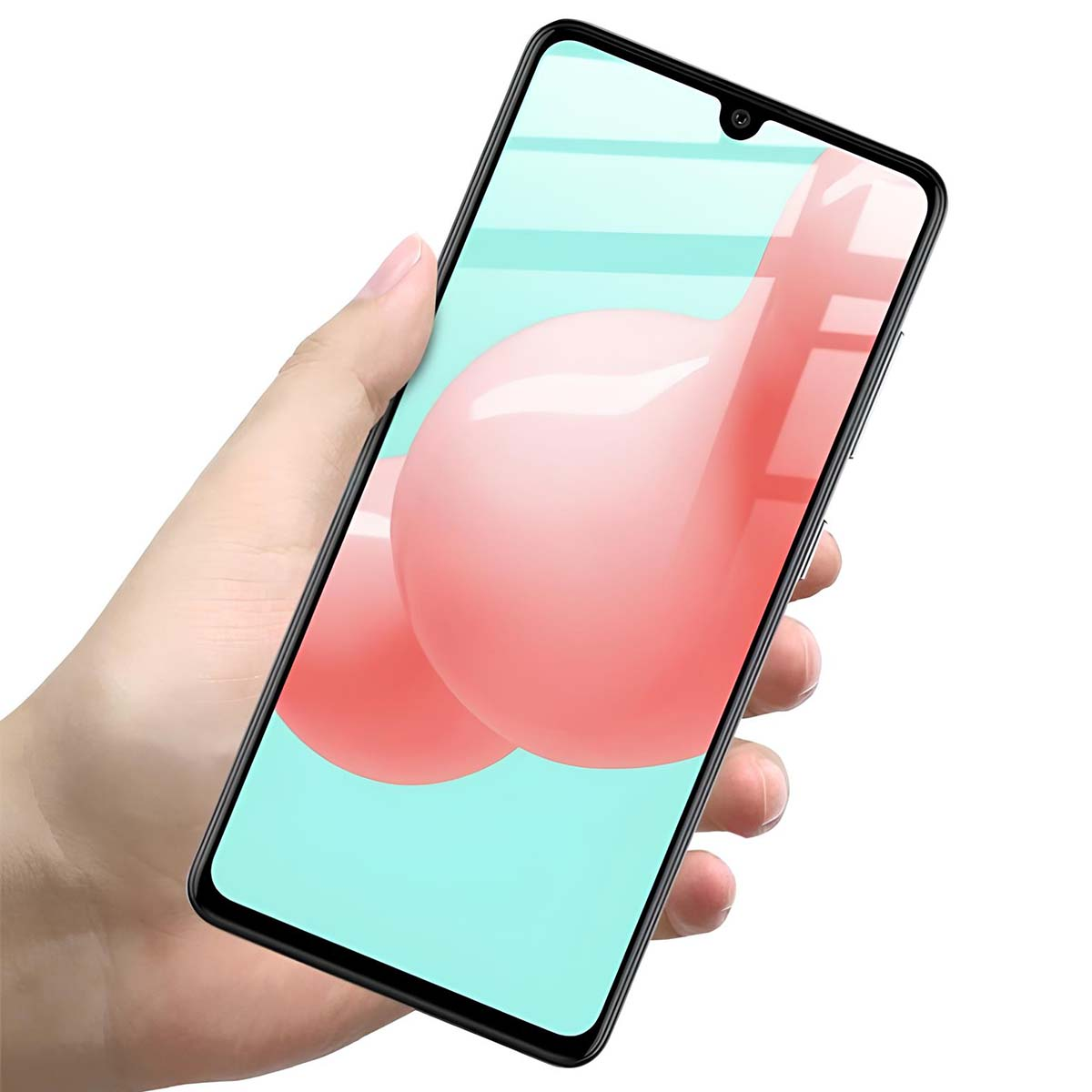 Een hand houdt een smartphone vast met een blauw en roze achtergrondafbeelding.