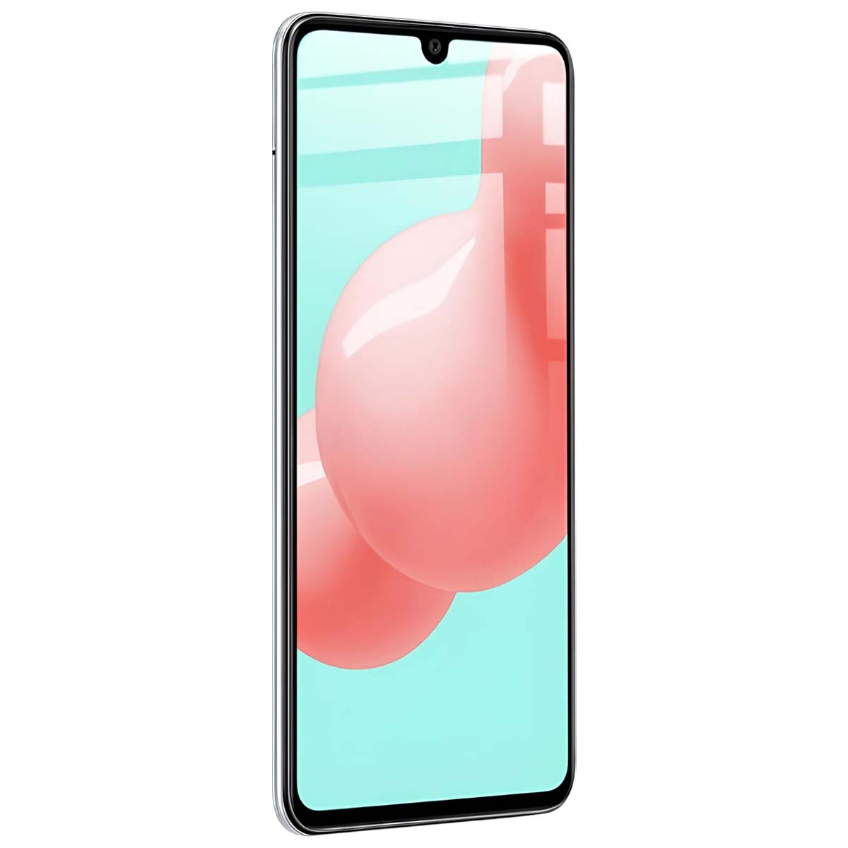 Een smartphone met roze bollen op een turquoise achtergrond.