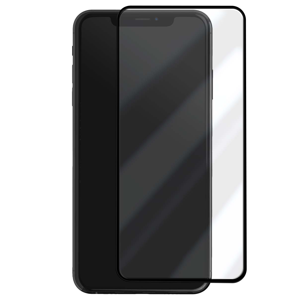 Een zwarte smartphone met een glazen screenprotector eroverheen.
