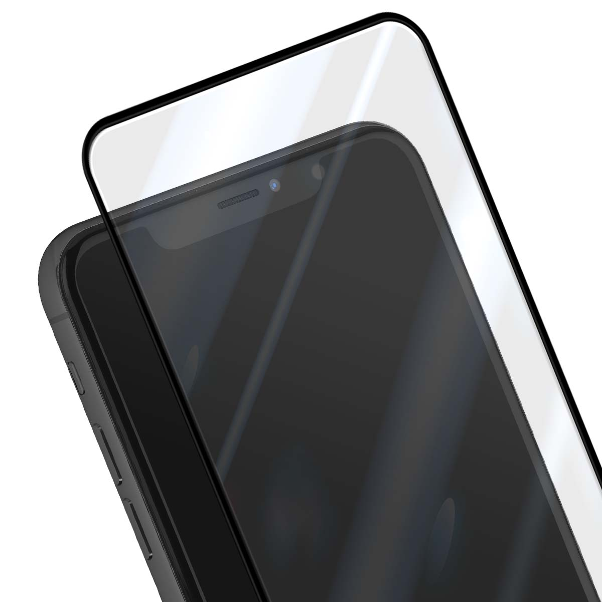 Een heldere screenprotector is aangebracht over een zwarte smartphone.