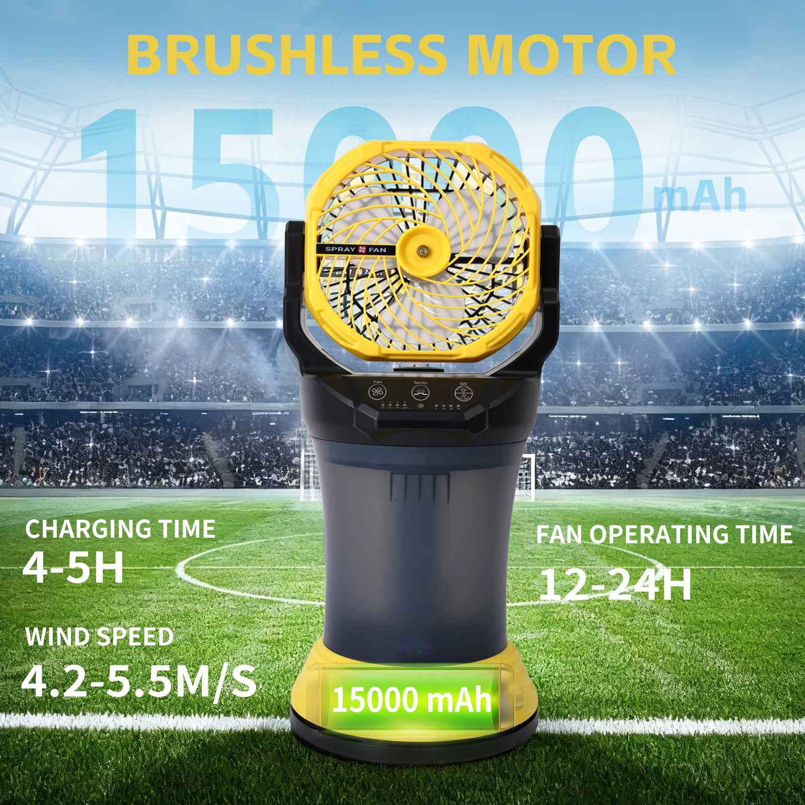 Ein gelber Sprühventilator steht auf einem Fußballfeld mit Zuschauern im Hintergrund.