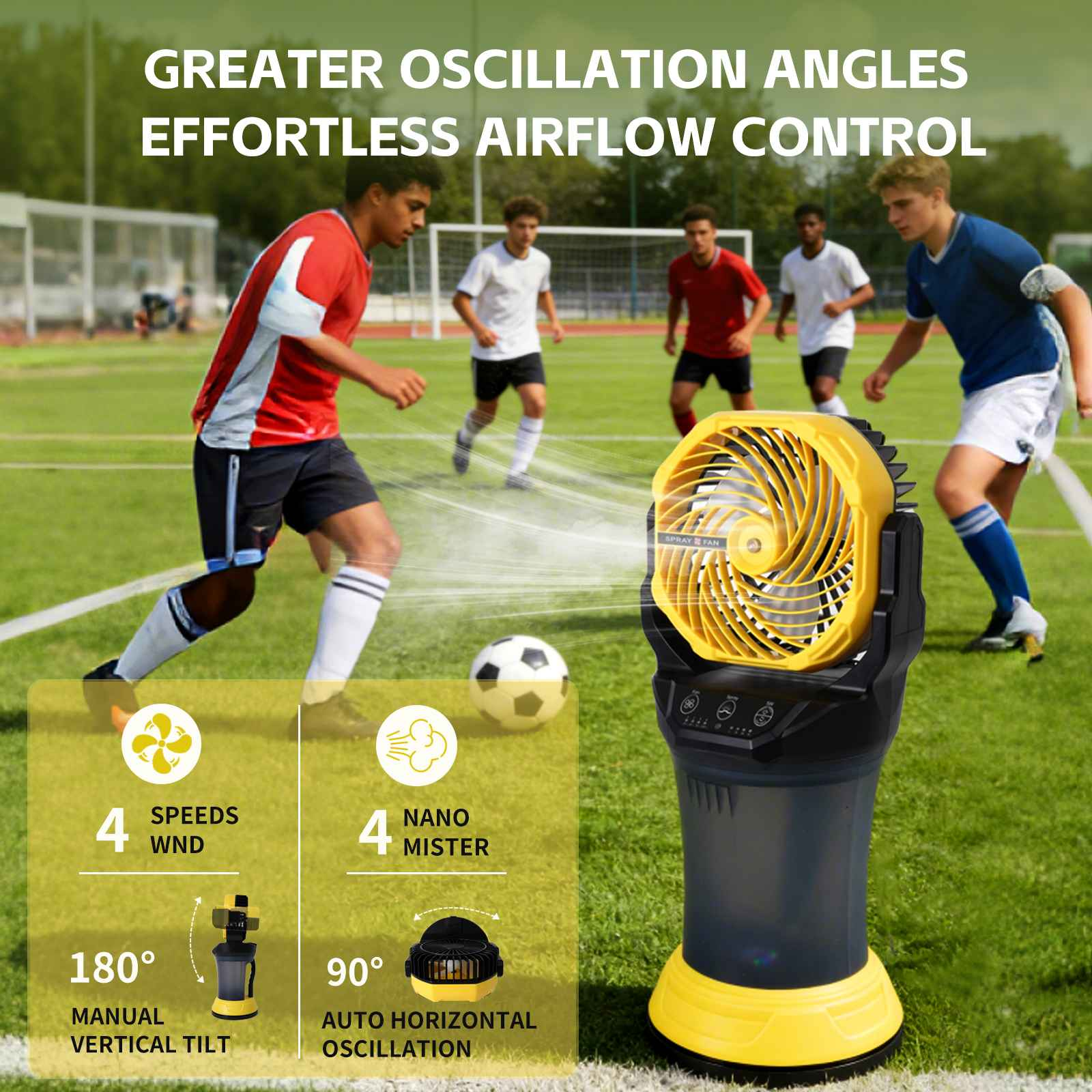 Ein gelber Sprühventilator steht auf einem Fußballfeld, während Spieler Fußball spielen.