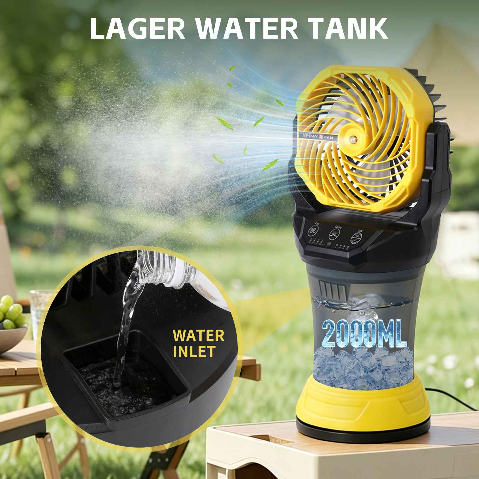 Ein gelber Sprühventilator mit 2000-ml-Wassertank, der Wasser versprüht.