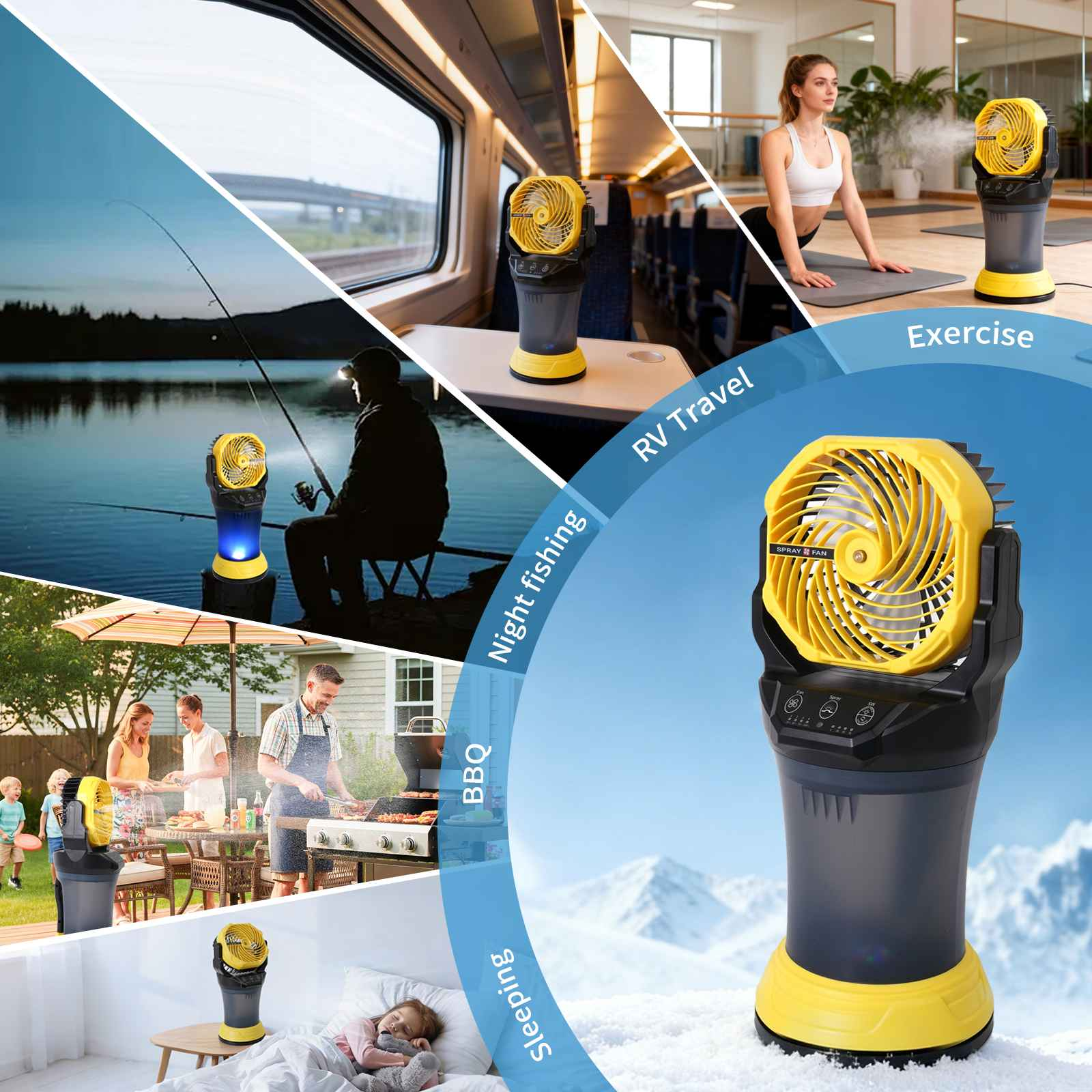 Ein gelber Ventilator mit Sprühfunktion, der für Camping, Sport, Angeln und Zuhause wirbt.