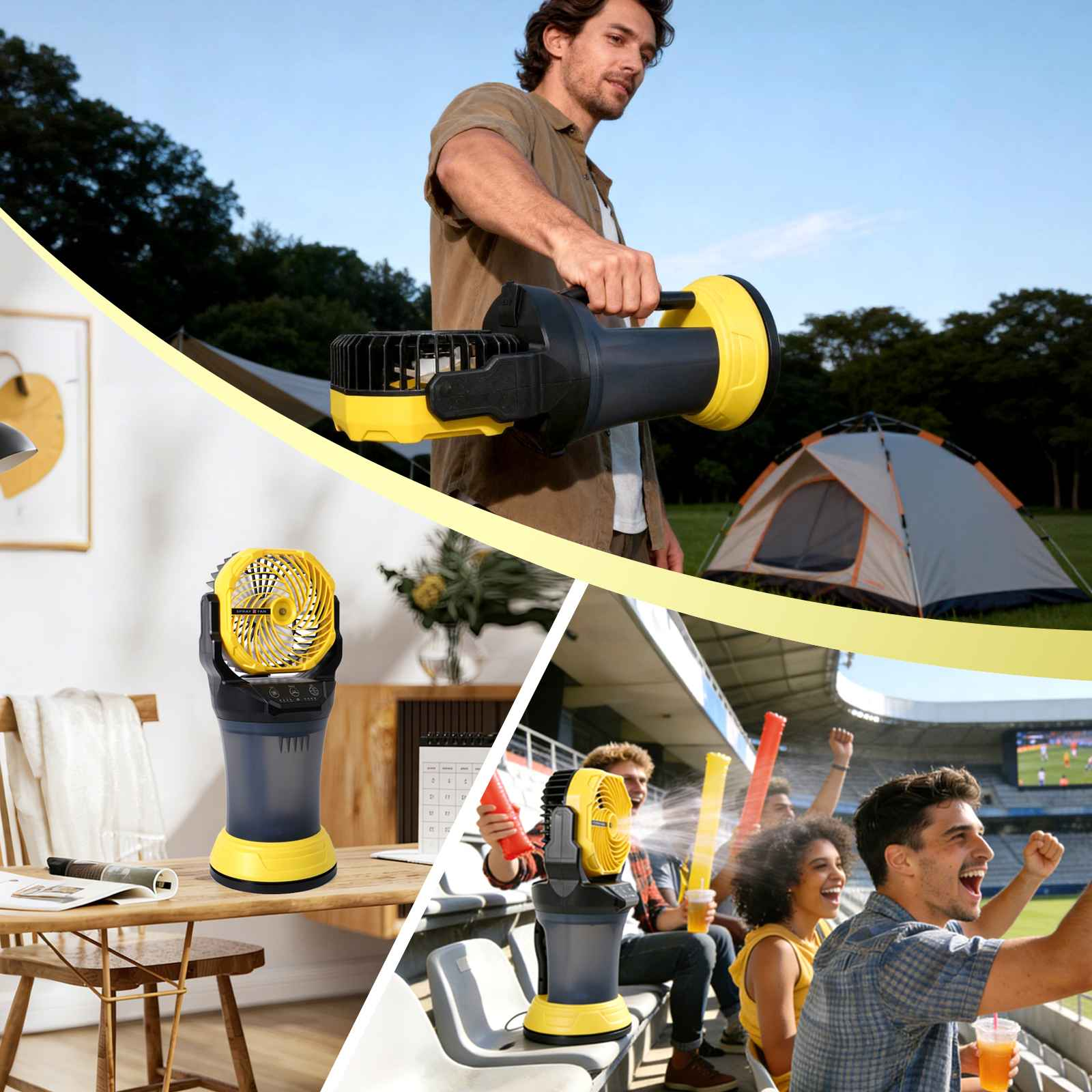 Collage: Mann mit Ventilator draußen, Ventilator auf Schreibtisch, Leute mit Ventilator im Stadion.