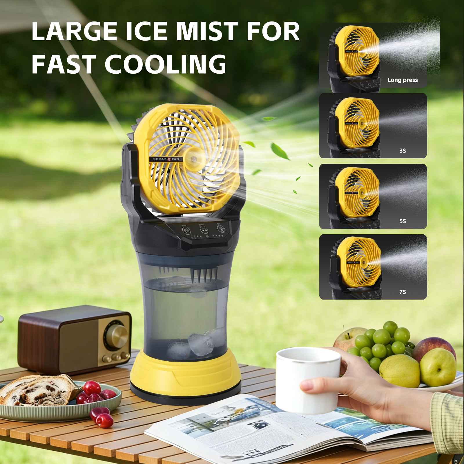 Gelber Sprühventilator mit Wassertank, daneben Obst und ein Buch auf einem Holztisch.