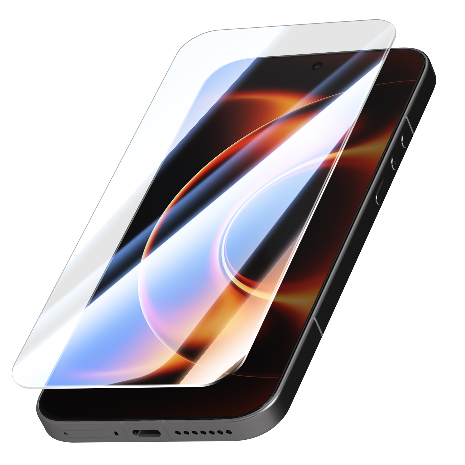 Een zwarte smartphone met een glazen screenprotector erop.