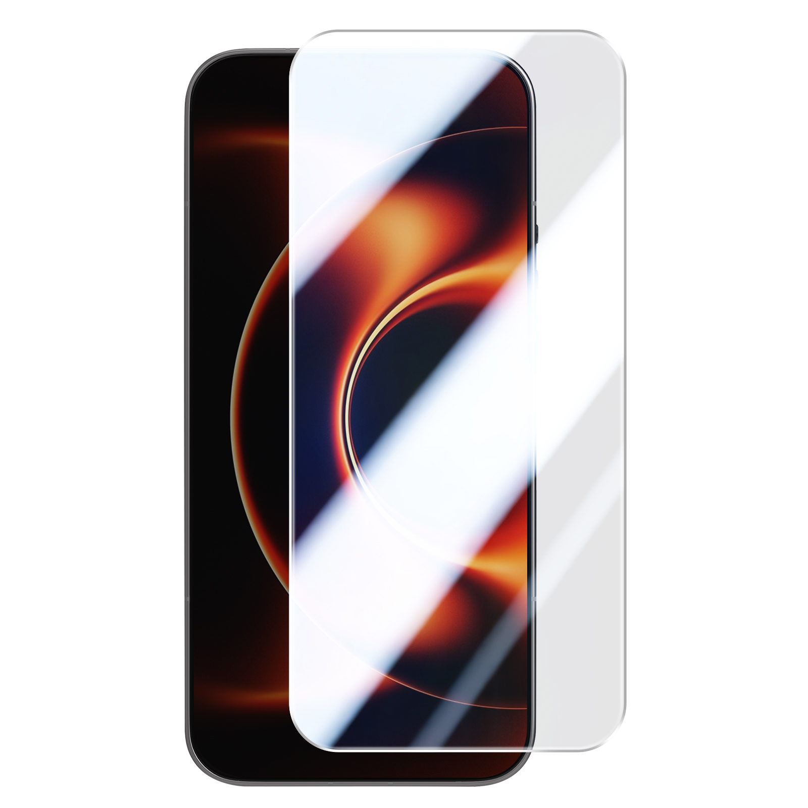 Een smartphone met een schermprotector. Het scherm toont een abstract patroon.