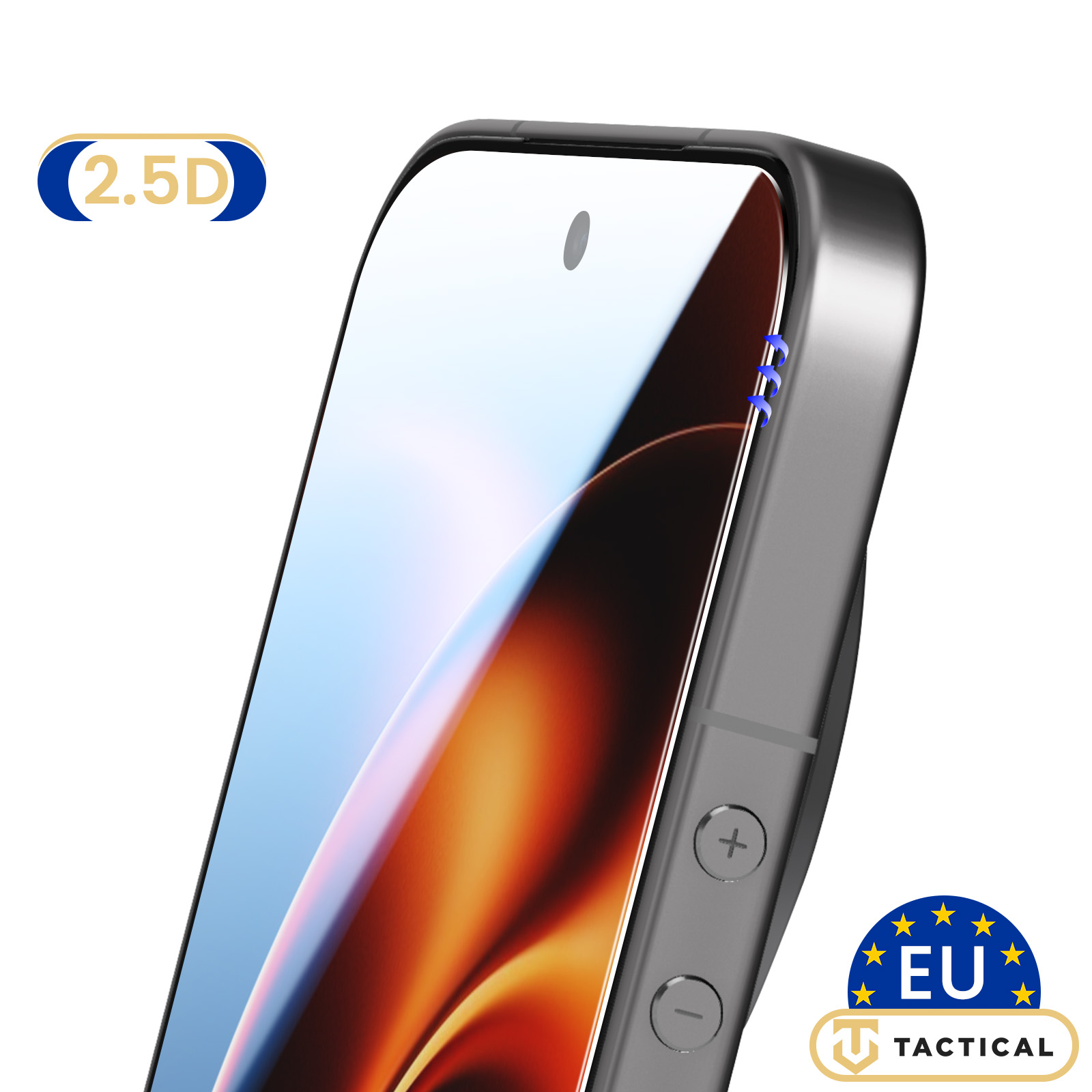 Grijze telefoonhoes met 2.5D-schermprotector en EU Tactical-logo.