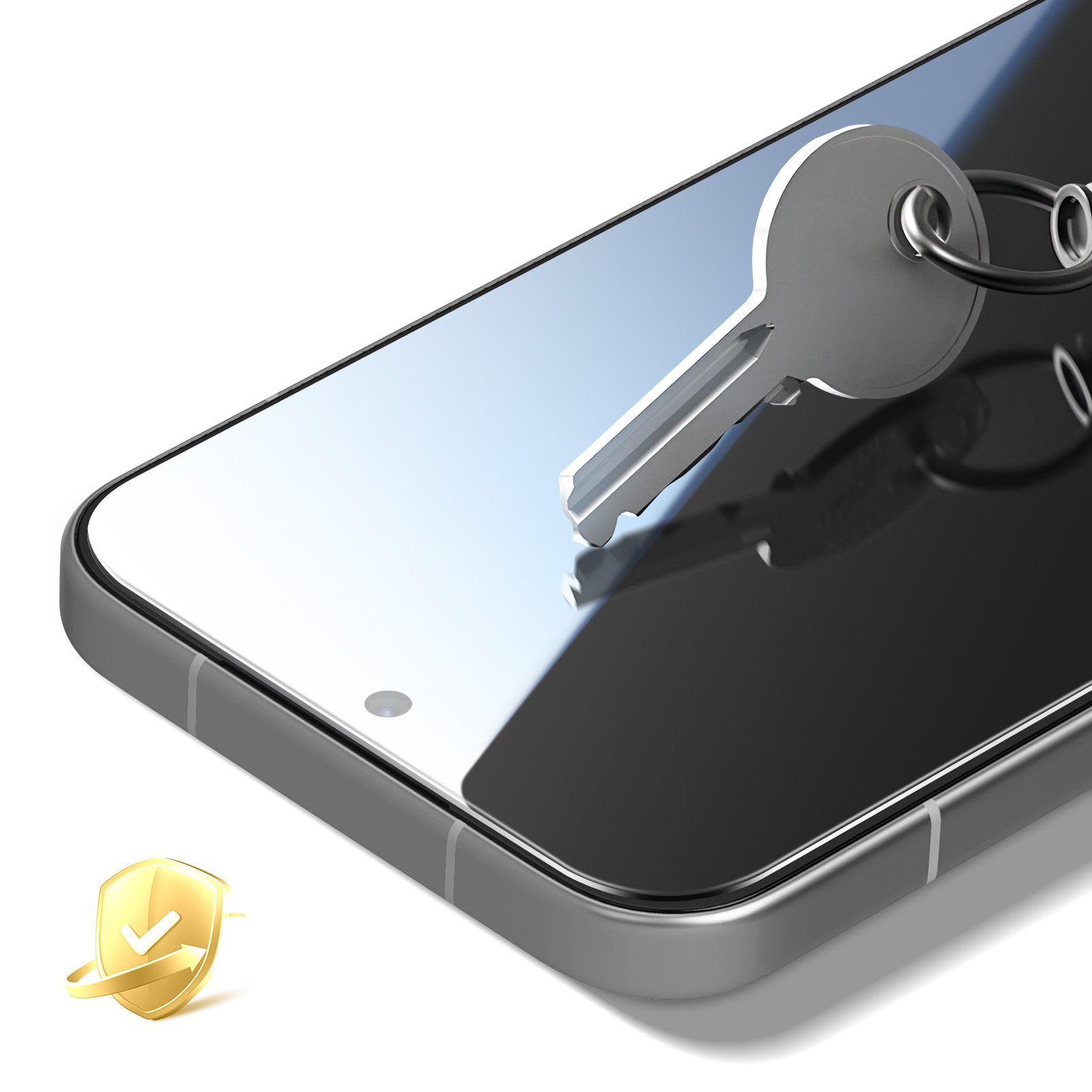 Een sleutel ligt op een smartphone, naast een gouden schild met een vinkje.
