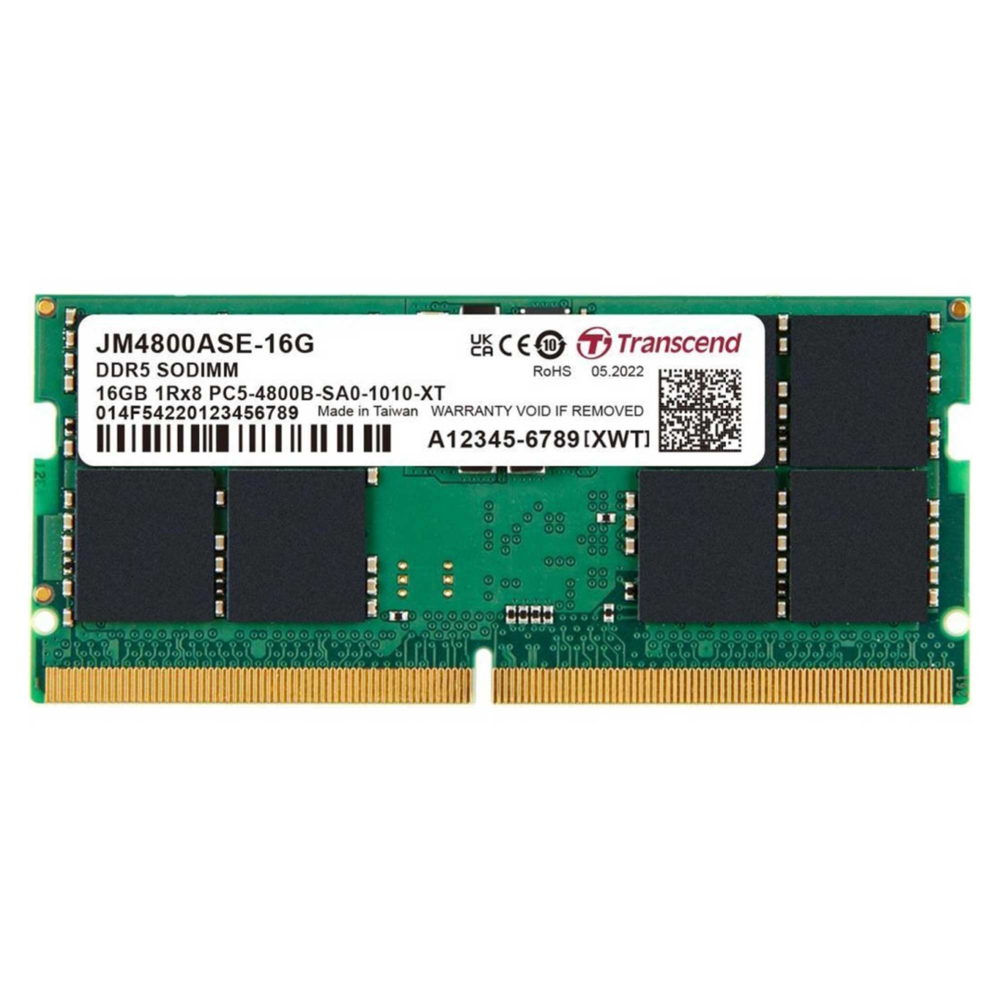 Siyah çipler ve altın renkli kontaklara sahip yeşil DDR5 SODIMM RAM modülü.