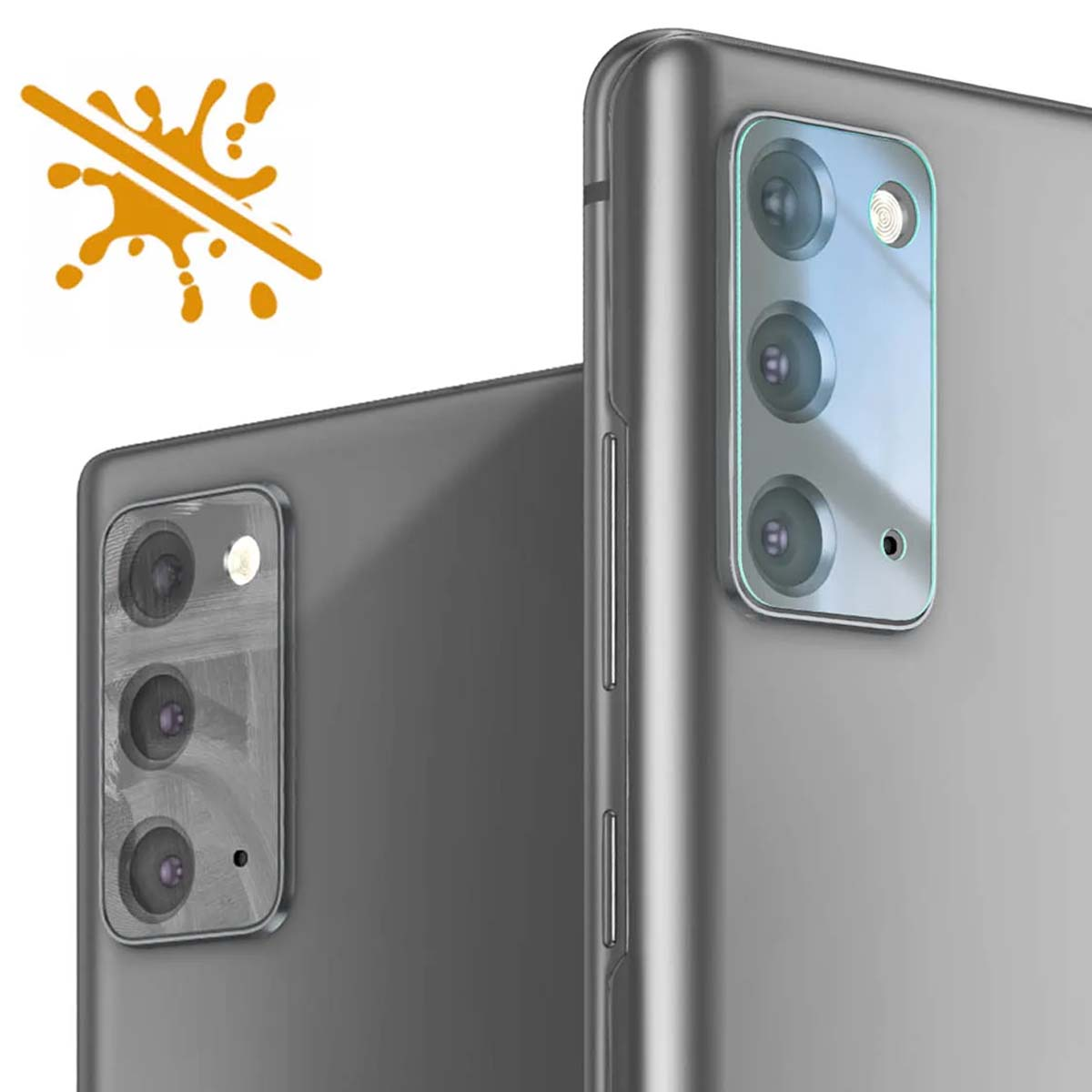 Smartphone grigio con obiettivi della fotocamera e un segnale arancione di divieto liquidi.