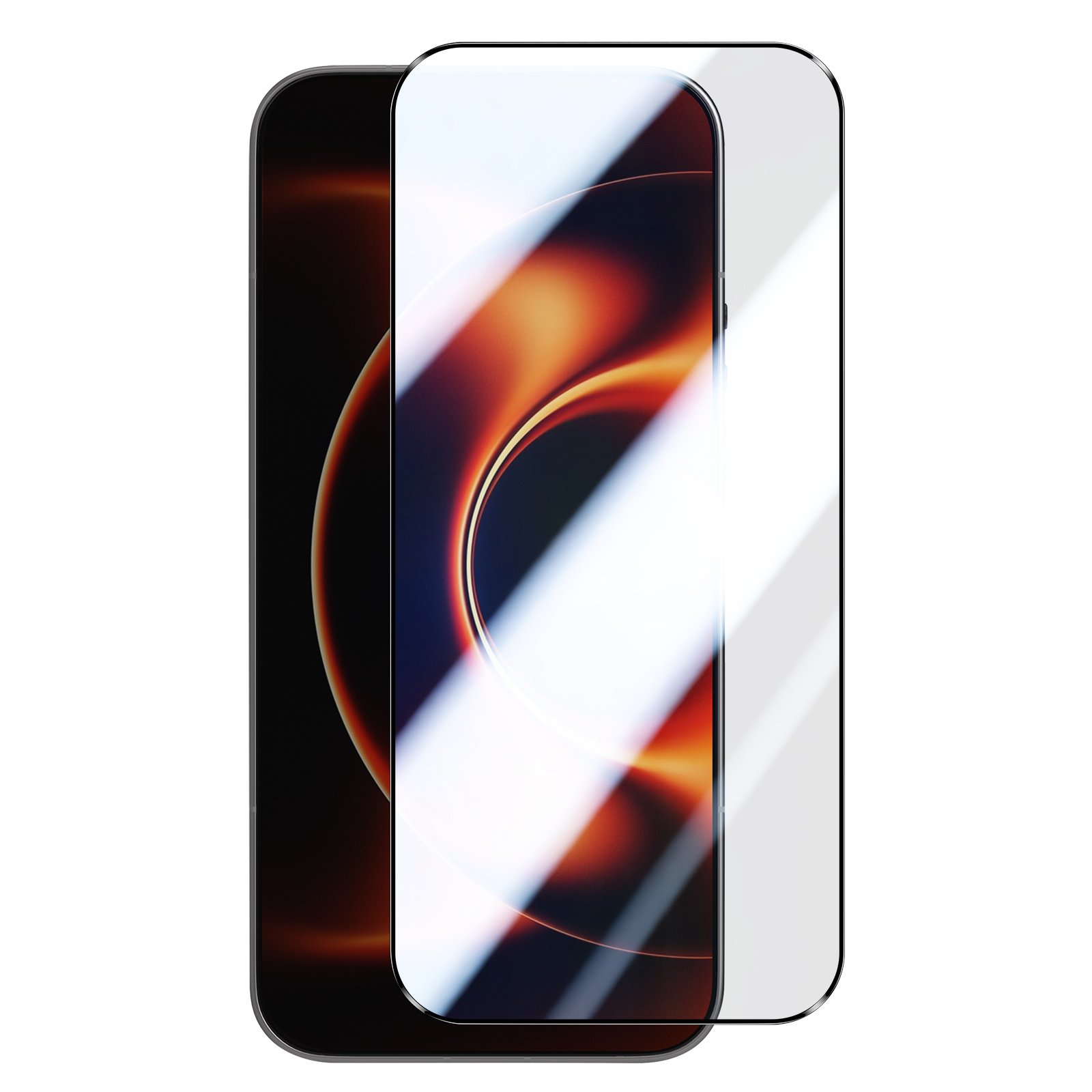 Uno smartphone con sfondo scuro e motivo astratto arancione sullo schermo.