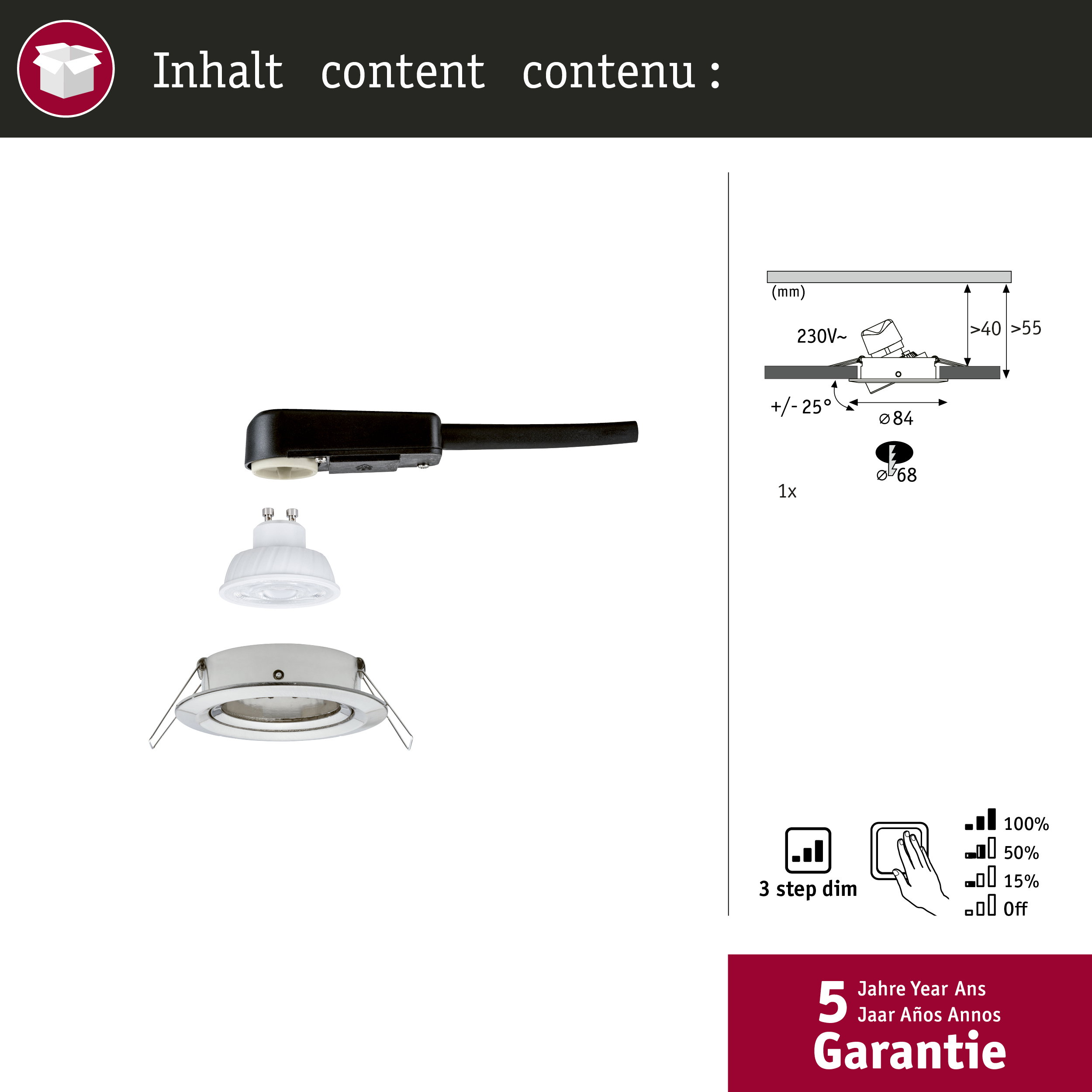 Oświetlenie wpuszczane z kablem, żarówką i instrukcją. Wymiary 084mm.