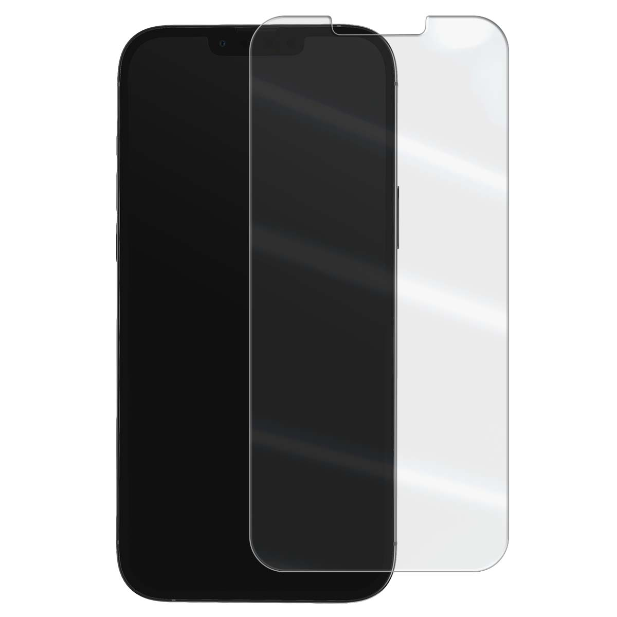 Een zwarte smartphone naast een doorzichtige schermprotector.