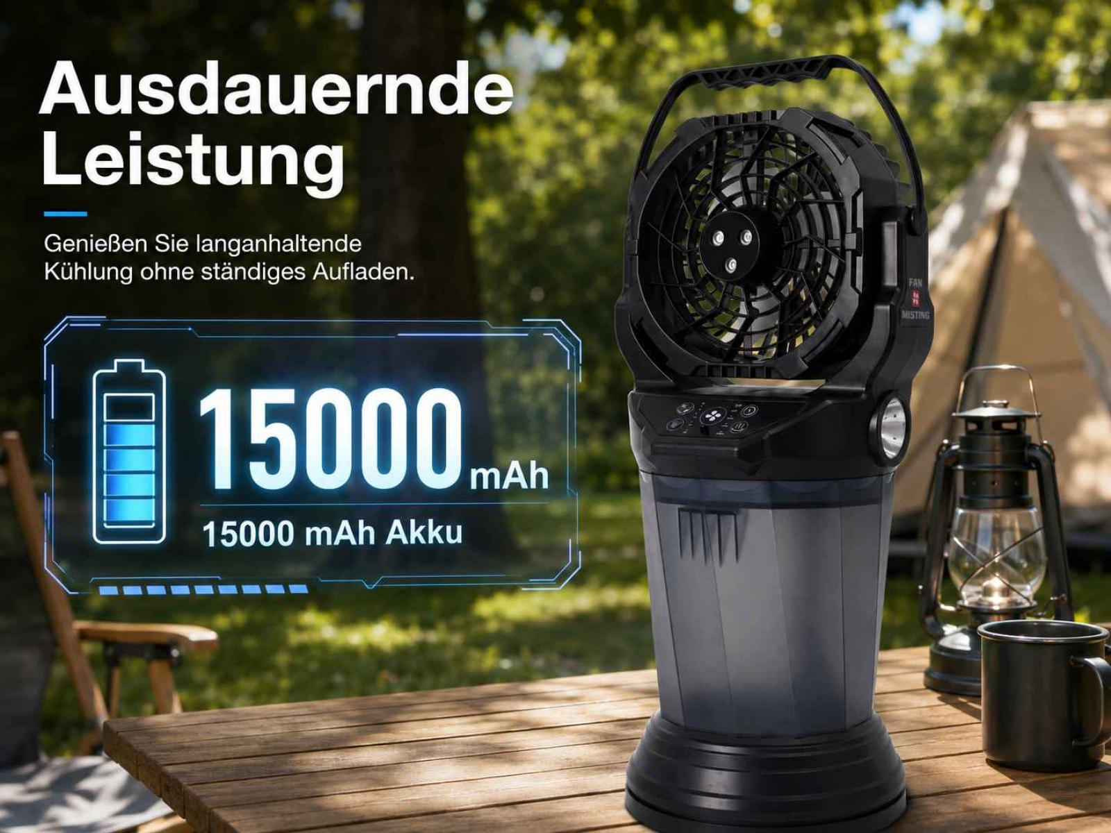 Tragbarer Lüfter mit 15000mAh Akku, ideal für Camping. Draußen auf Holzplatte.