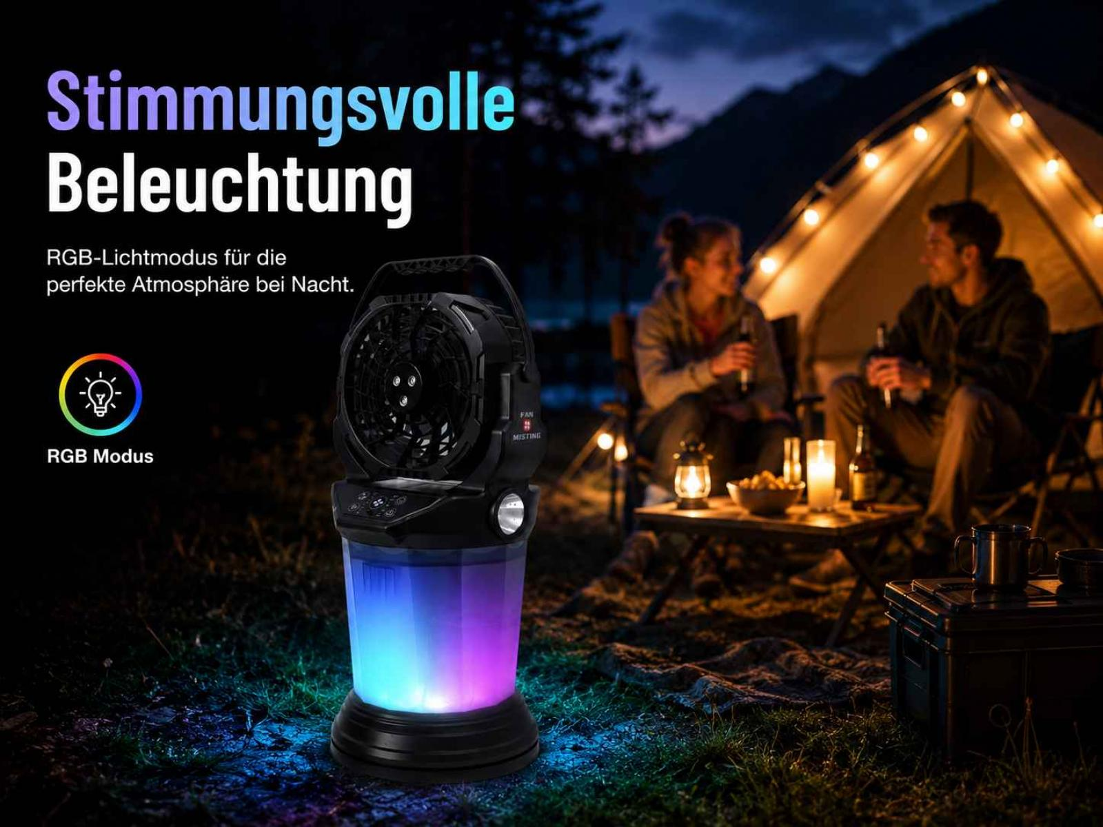Ein Campinglicht mit RGB-Beleuchtung und Lüfterfunktion bei Nacht.