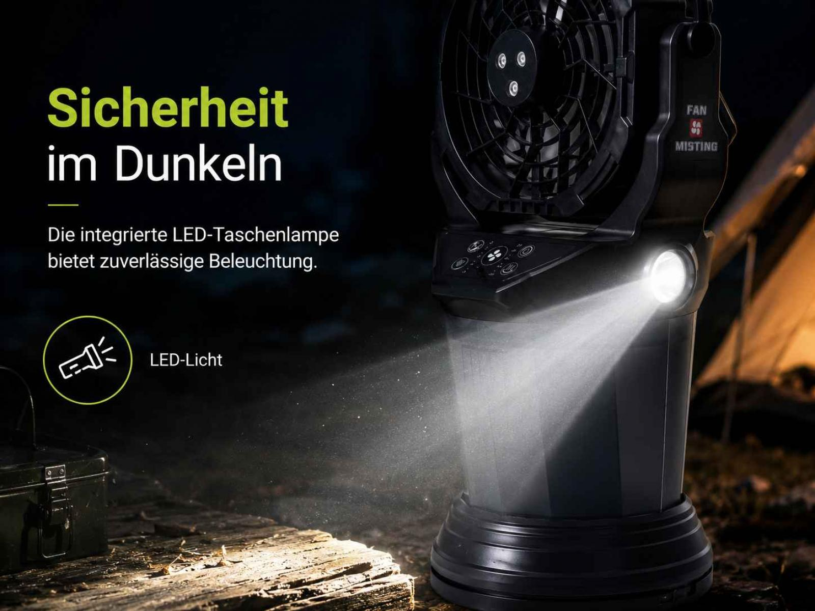 Ein schwarzer Ventilator mit integrierter LED-Leuchte beleuchtet die Dunkelheit.