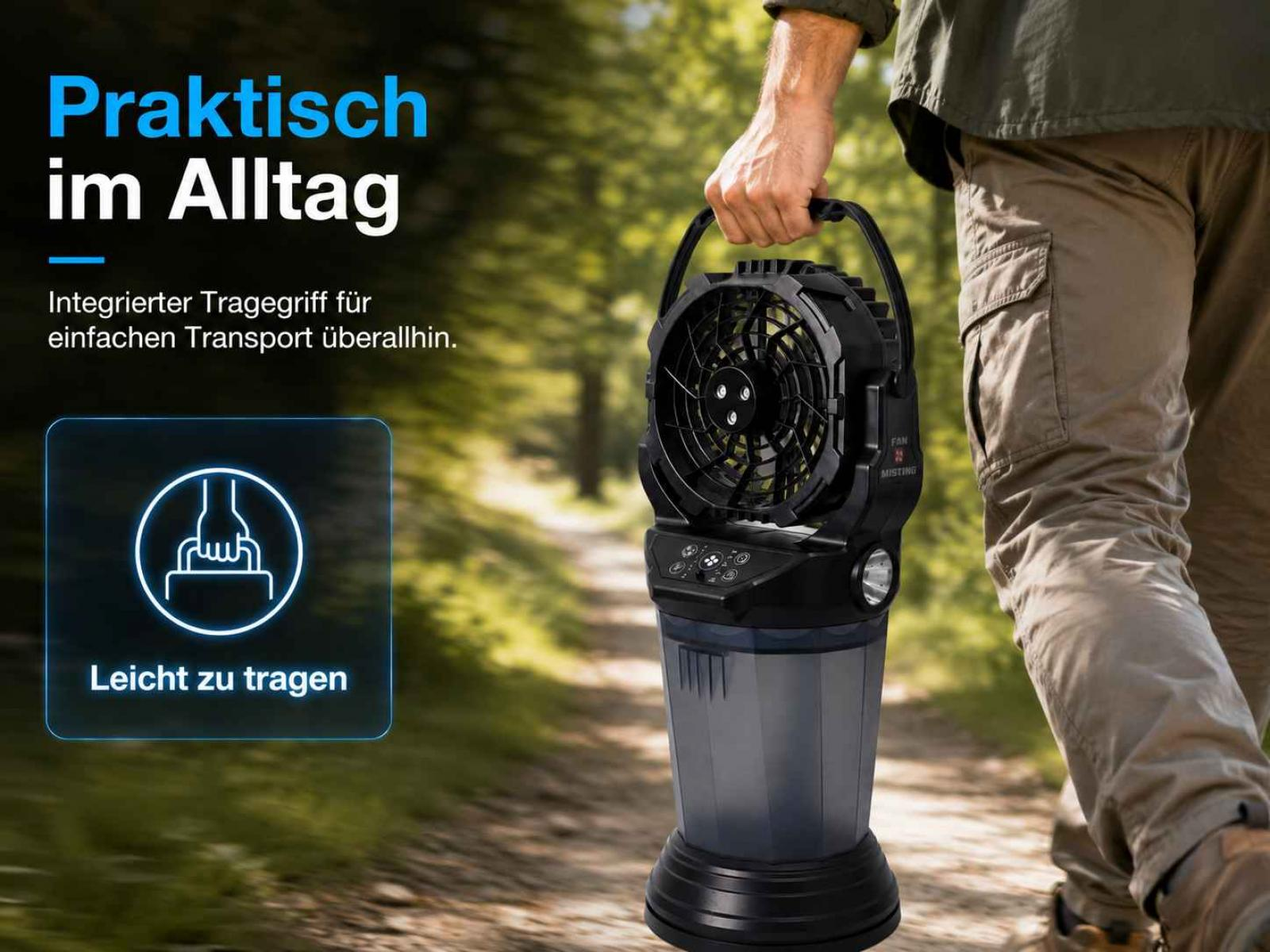 Ein Mann trägt einen schwarzen Ventilator-Laterne im Freien.