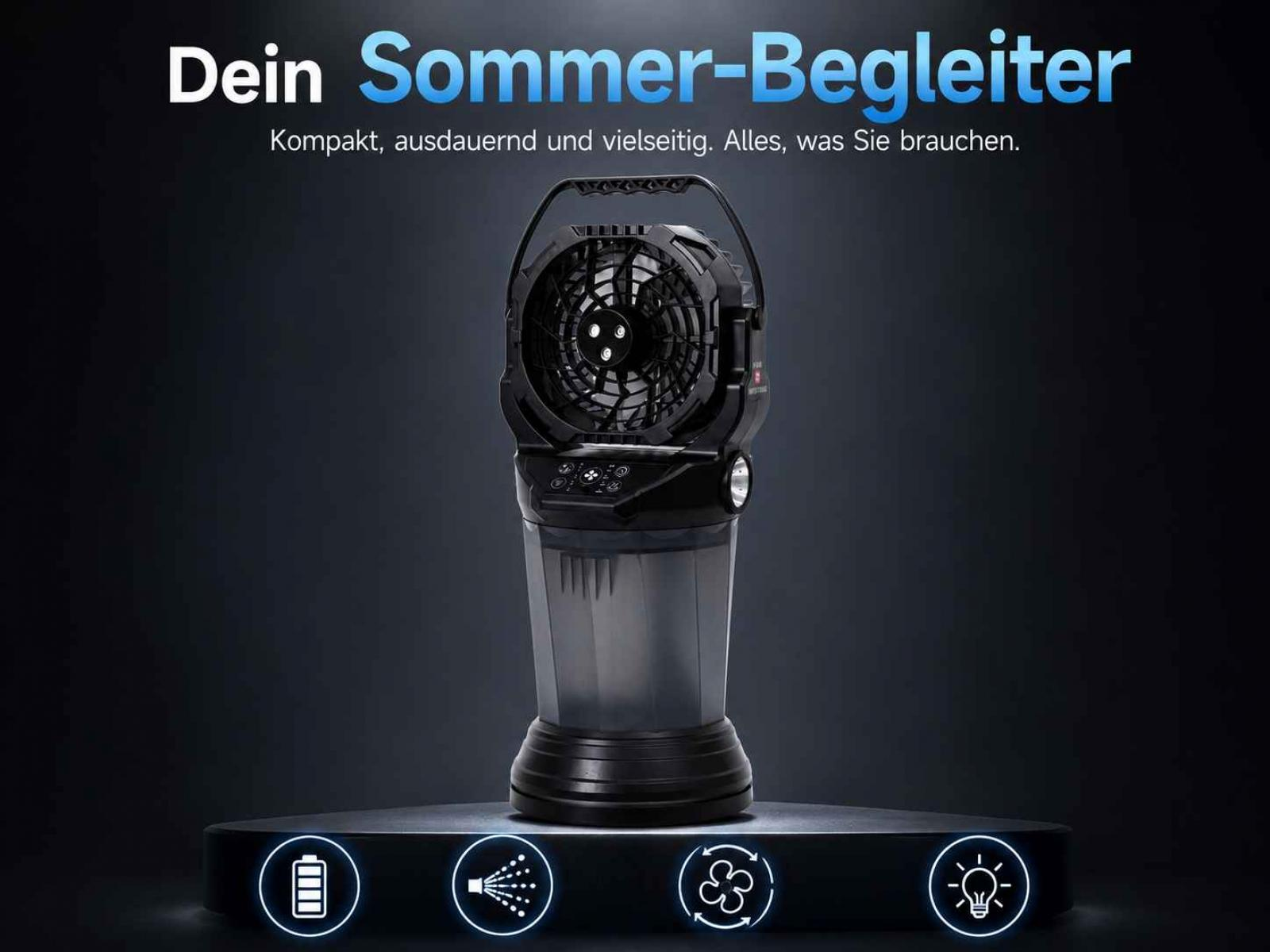 Ein schwarzer Campingventilator mit integrierter Lampe und Sprühfunktion.