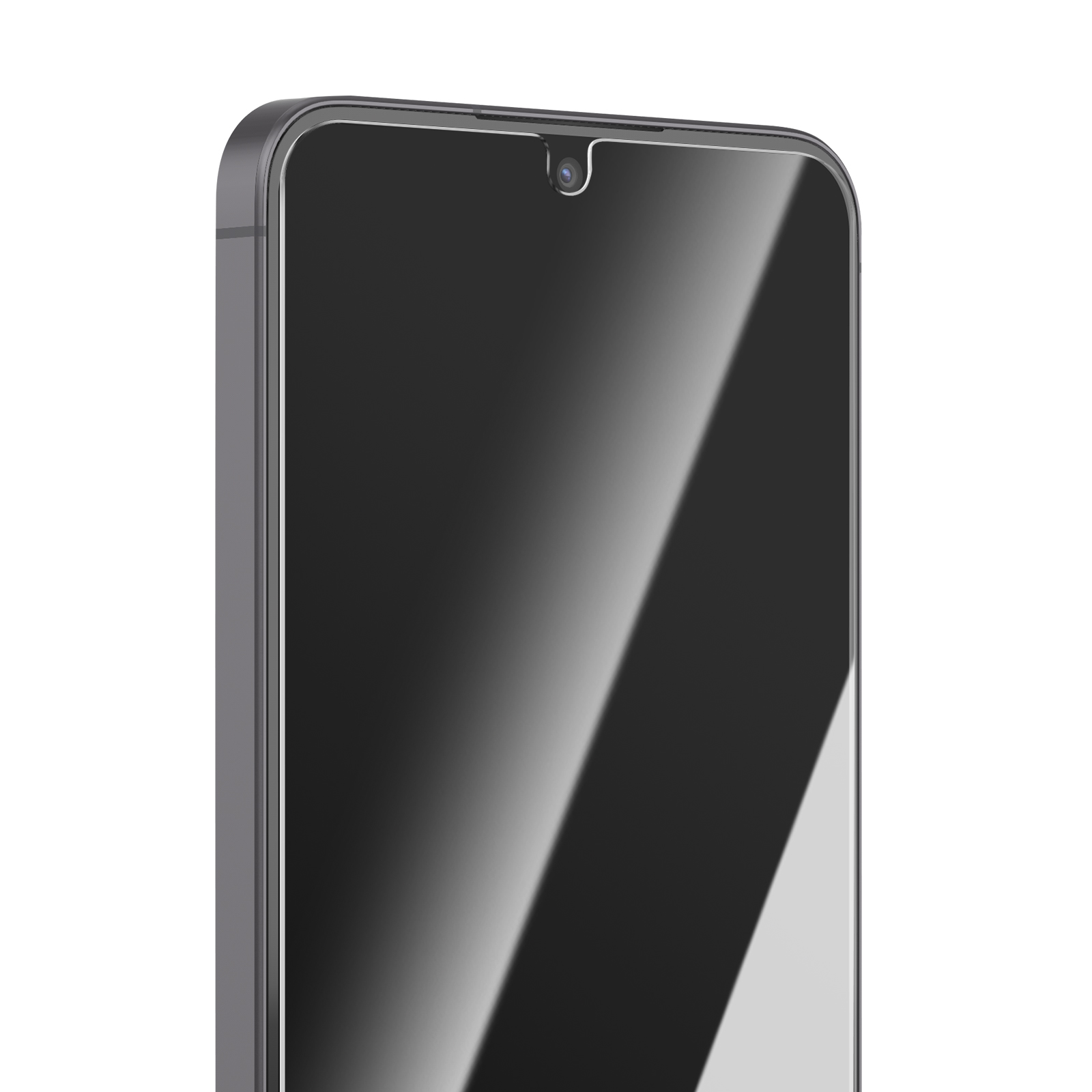 Gros plan d'un smartphone gris avec une petite encoche pour la caméra frontale.