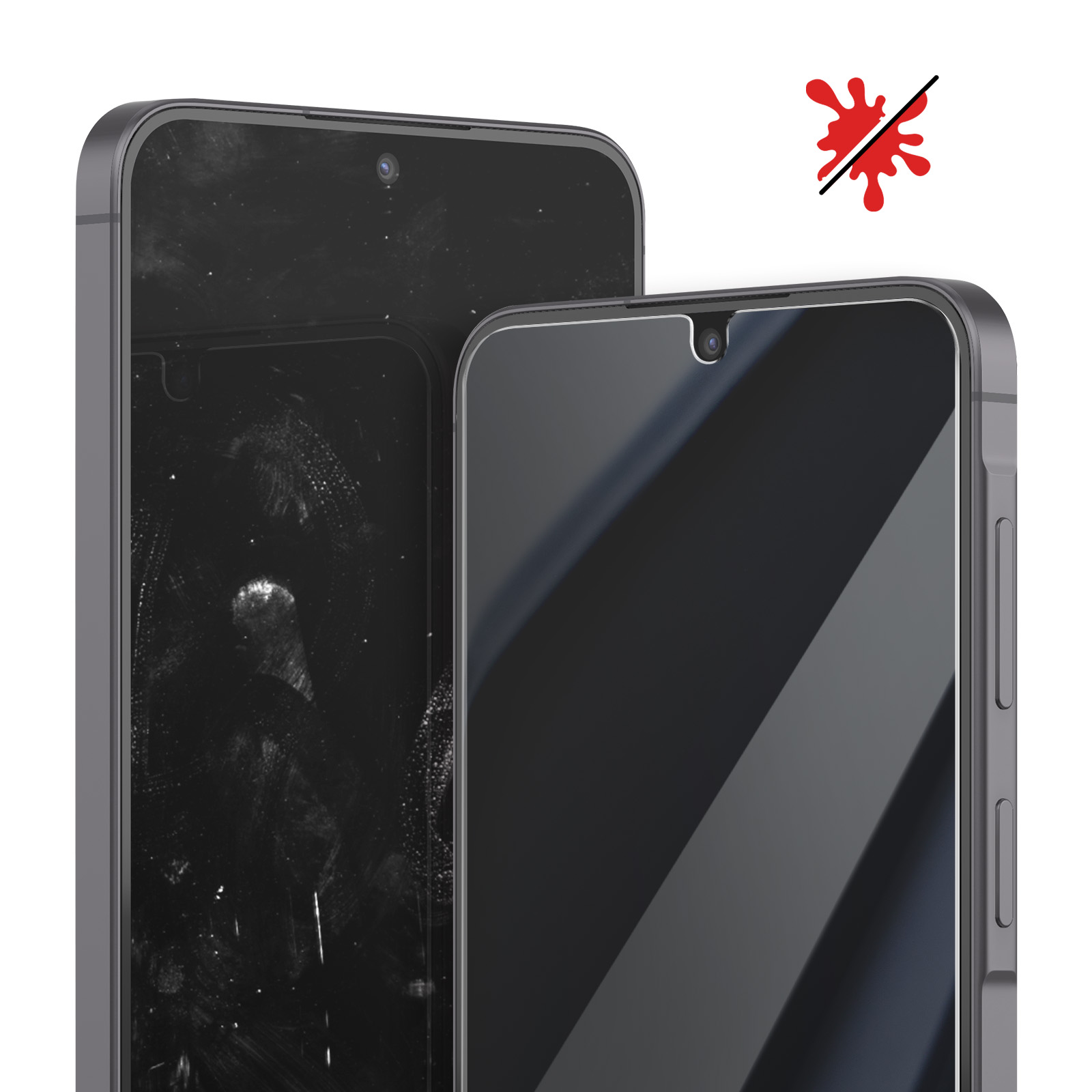 Deux téléphones côte à côte, un propre, un sale. Icône de tache rouge barrée.