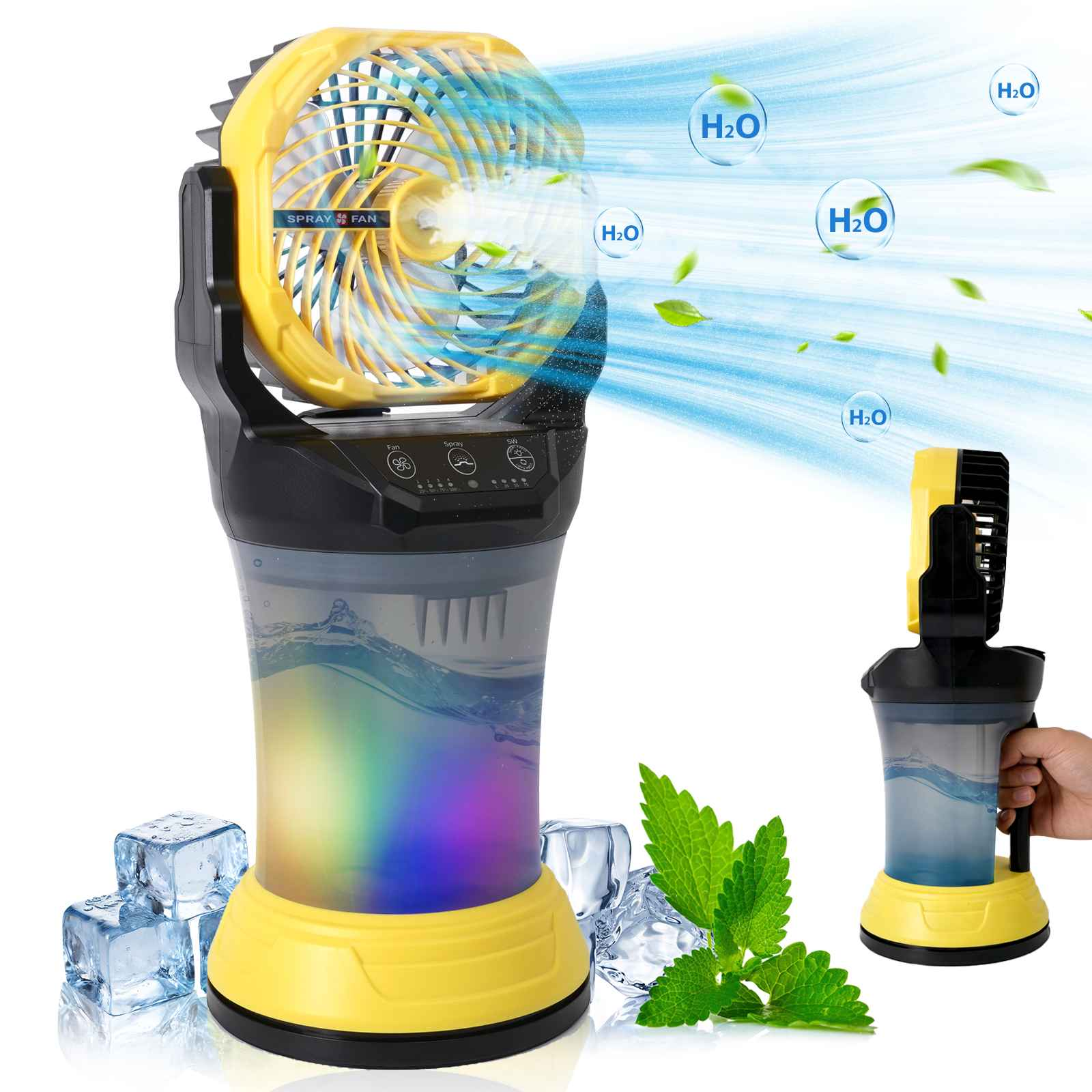 Ein gelber und schwarzer Sprühventilator mit Eiswürfeln und Blättern. Luftstrom mit Wassertröpfchen.