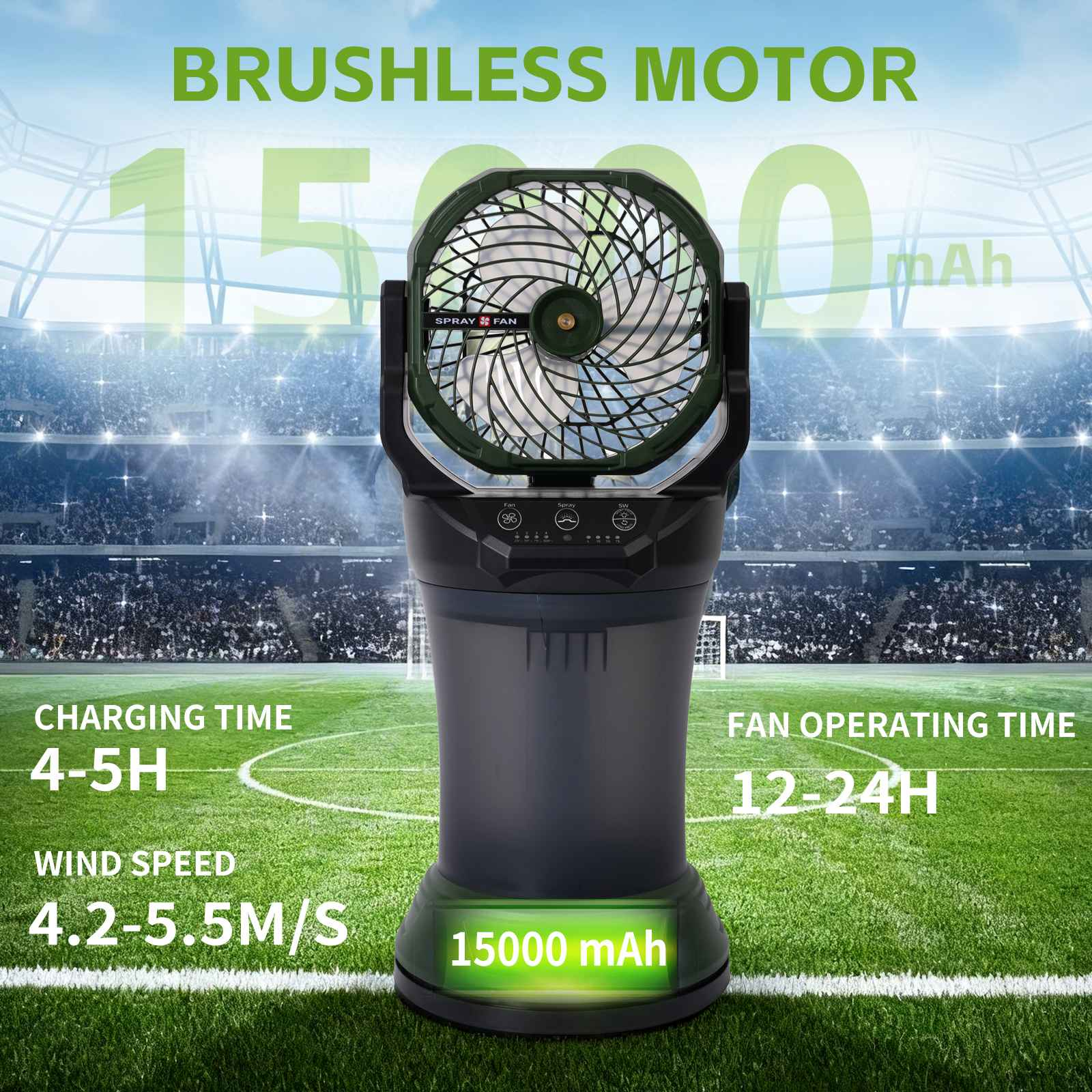 Ein tragbarer Ventilator mit 15000 mAh Akku auf einem Fußballfeld.