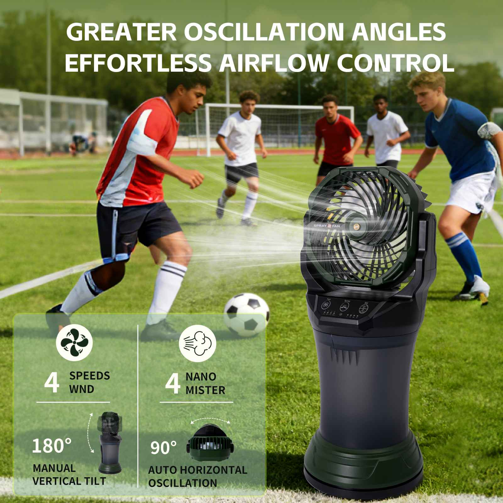 Ein tragbarer Ventilator sprüht Luft auf ein Fußballfeld mit Spielern. Bietet 4 Geschwindigkeiten, Nano-Mister, 180° Neigung.