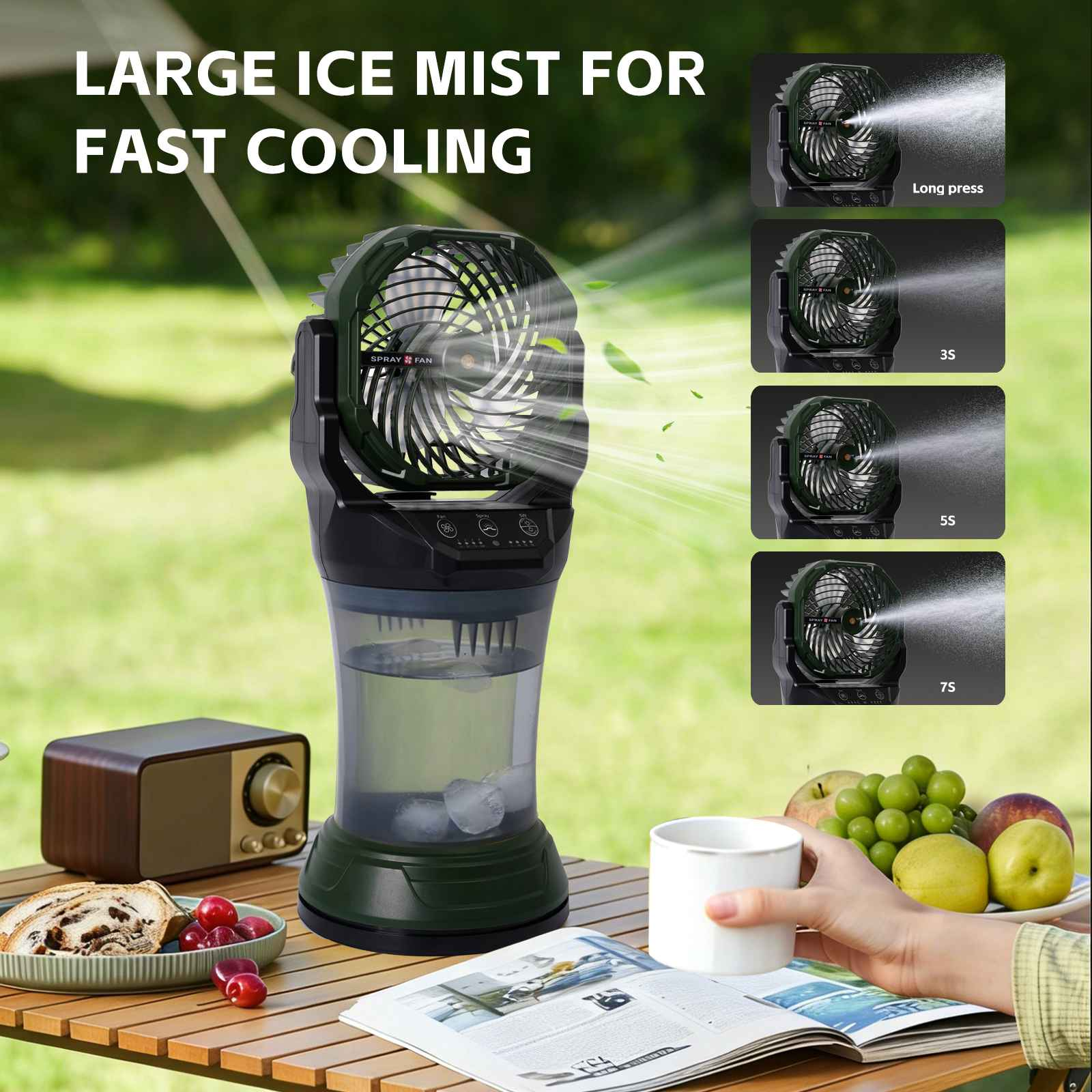 Ein tragbarer Sprühventilator mit Eiswasserbehälter auf einem Tisch neben Obst und einem Buch.